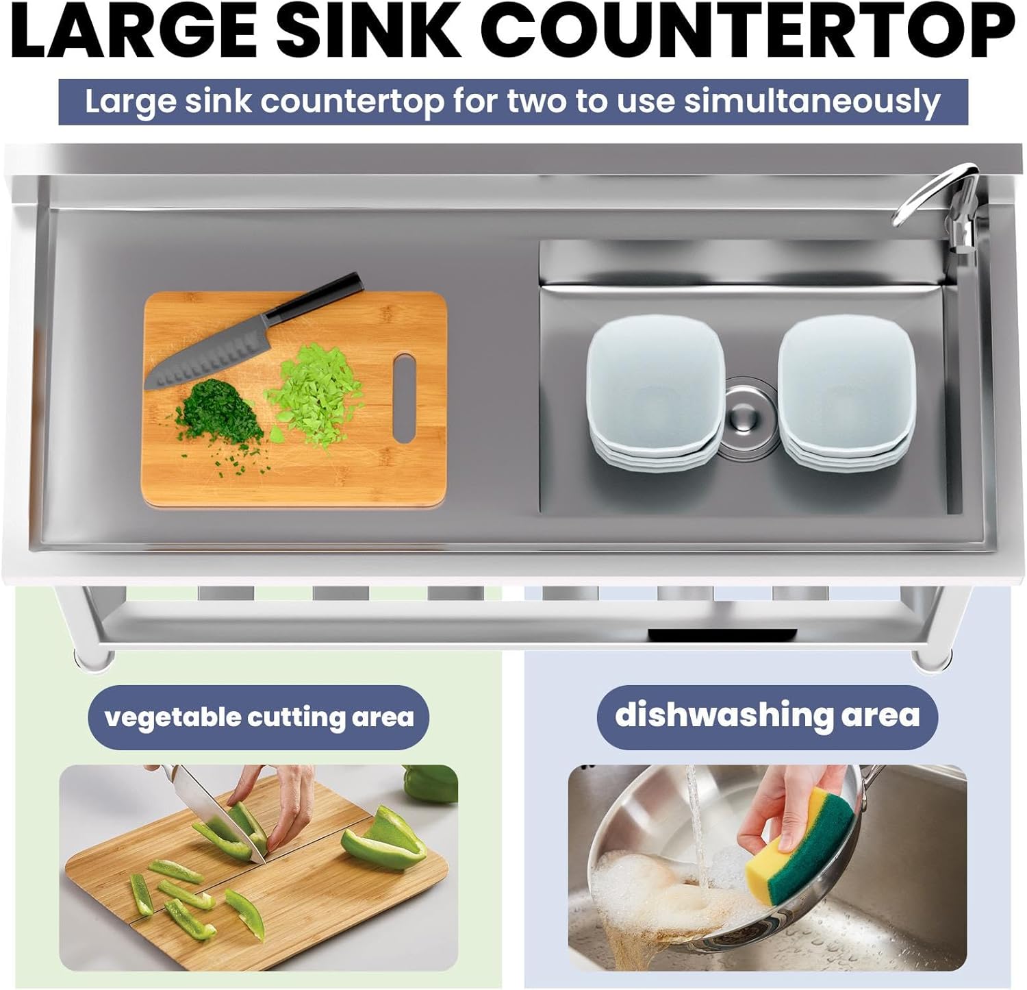 47.2'' Free-Standing Single Bowl Sink, Stainless Steel Kitchen Appliances Sink with Workbench, Cold/Hot Water Pipe for Farmhouse, Laundry & Commercial Use (Single Bowl)