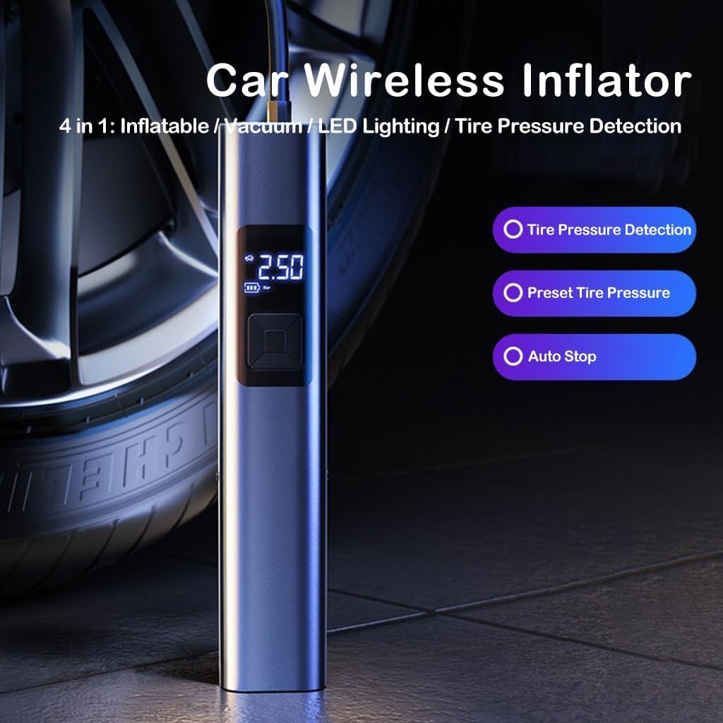 KITCISSL Car Vacuum Portable Hand Held Vacuum Cleaners, 4 in 1 Handheld Vacuum Cordless/Inflatable Pump/LED Lighting/Tire Pressure Detection for Home, Office, Pet Hair