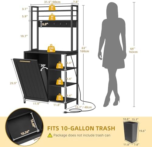 DWVO Black Bakers Rack with Trash Can Bin Cabinet and Power Outlet, Microwave Stand Cabinet with 6 Hooks, 6-Tiers Farmhouse Kitchen Tall Thickened Coffee Bar Table Station with Storage Shelf
