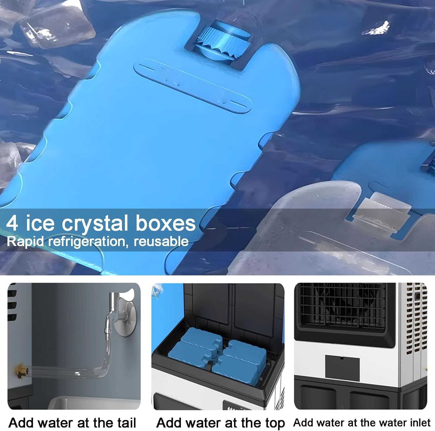 Evaporative Air Cooler, 3 in 1 Swamp Cooler with 4 Ice Crystal Box, Air Conditioner Portable with 3 Speeds, 2 Modes, Knobs for Outdoor, Office, Home(95cm/37in)