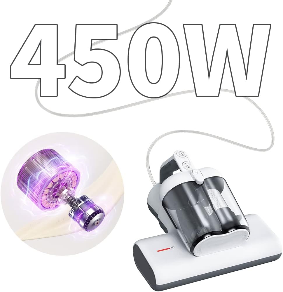 Laymi Mattress Vacuum Cleaner with UV-C Light, 450W Powerful Handheld Bed Vacuum with High Beating Roller Brush, True HEPA Filter, XL Dual Larger Dust Cup for Deep Cleaning of Dust & Pet Hair
