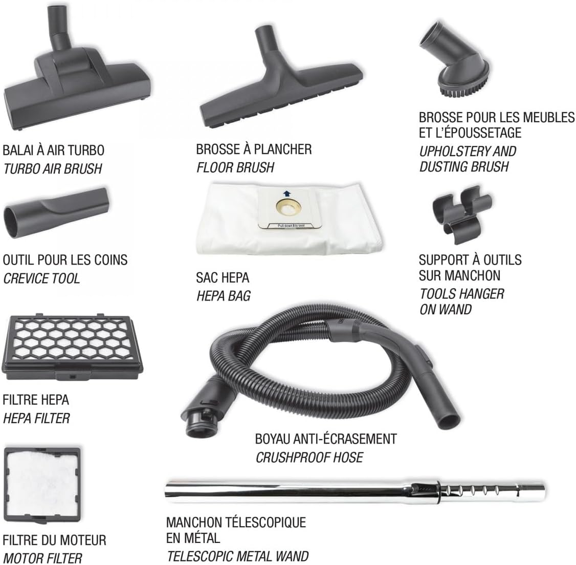 Johnny Vac Canister Vacuum Silenzio - HEPA Filtration - HEPA Bag - Wessel-Werk Turbo Air Nozzle - Telescopic Handle - Set of Brushes