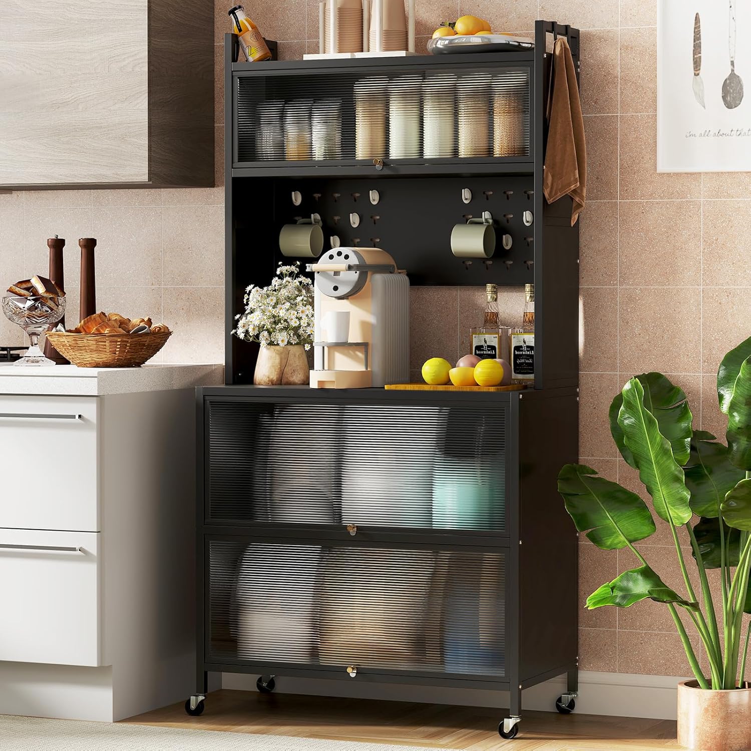 Giantex 5 Tier Rolling Kitchen Bakers Rack with Wheels, Microwave Stand with Flip Door Storage Cabinets, Pegboard & Hooks, Adjustable Foot Pads, Standing Pantry for Home Coffee Bar (Black)