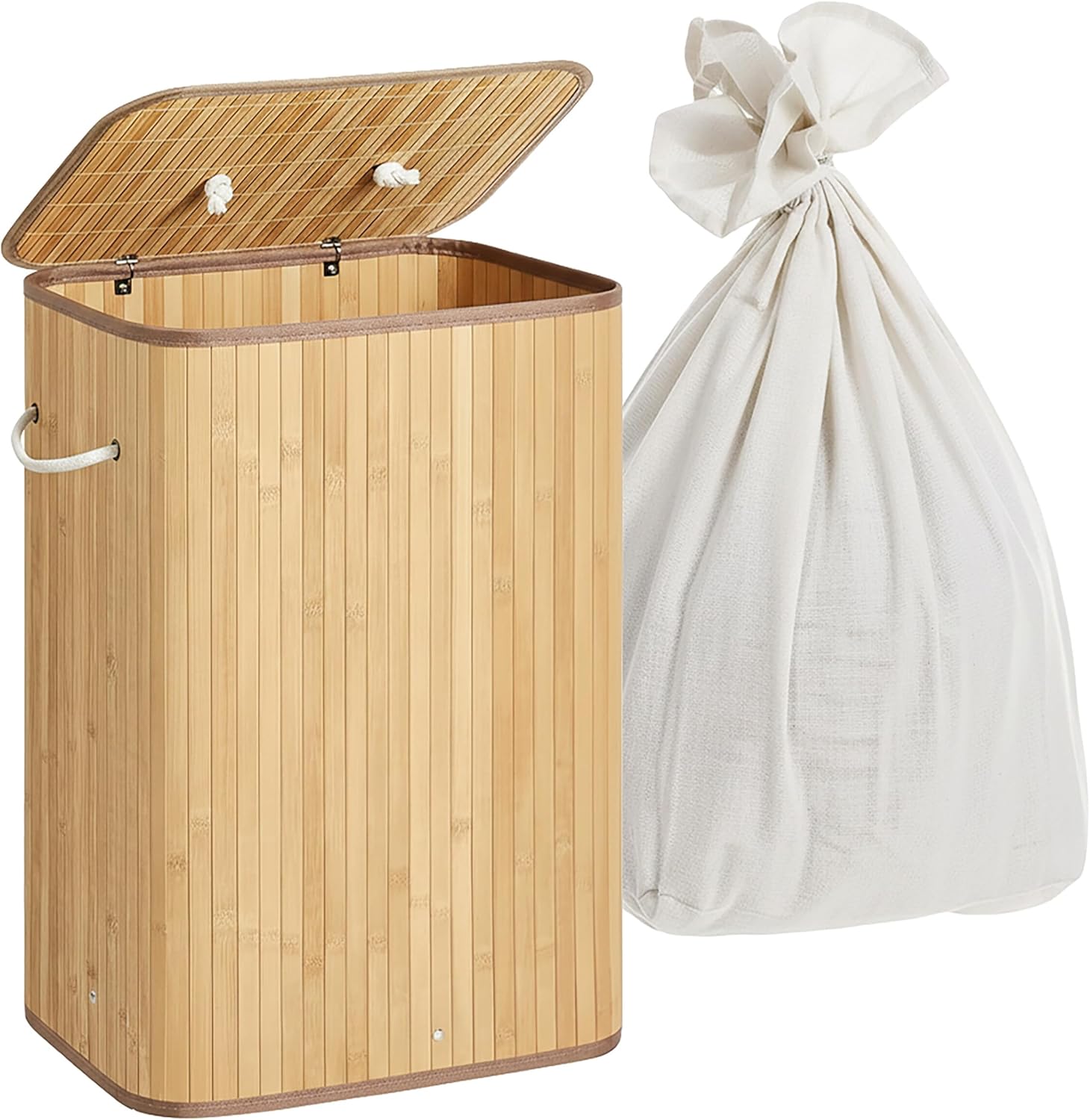 Relaxdays Laundry Basket with Lid, 2 Compartments, Bamboo, 105 L, Foldable, H x W x D: 63 x 52 x 32 cm, Laundry Sorting System, Natural