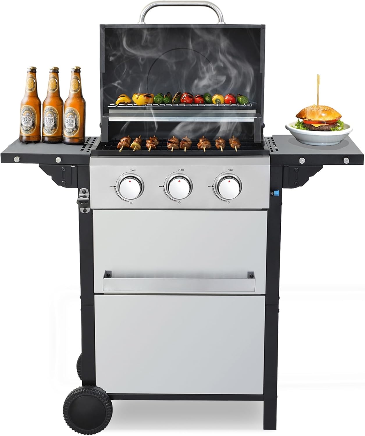 3 Burner Propane Gas Grill, Outdoor Small Stainless Steel BBQ Propane Gas Grill, 25650Btu Barbecue Grill with Foldable Shelf & Enameled Cast Iron Grates for BBQs, Patios, Garden
