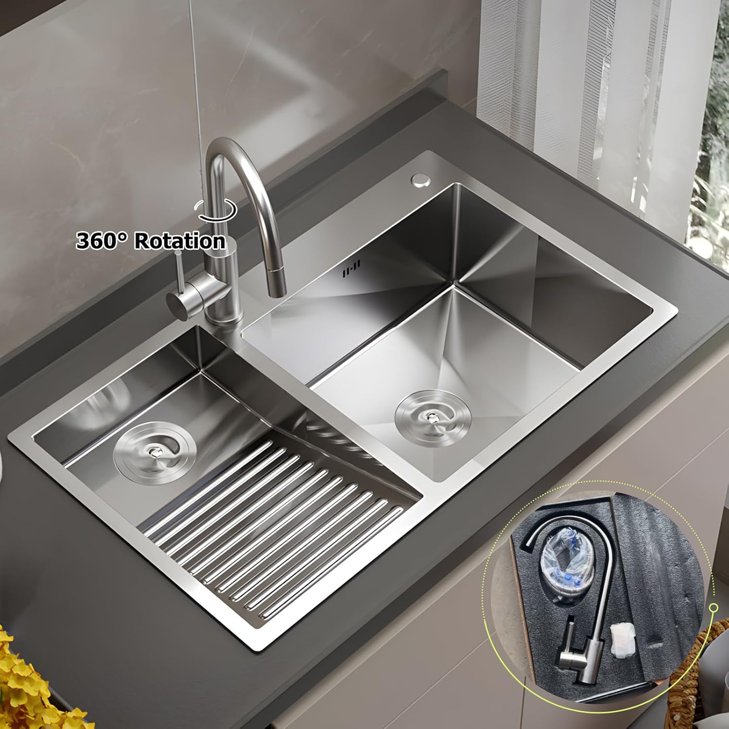 900mm/35.4Inch Laundry Utility Sink With Washboard Stainless Steel Kitchen Sink with Faucet Household Pool Balcony Room Wash Basin Easy Clean Double-Bowl