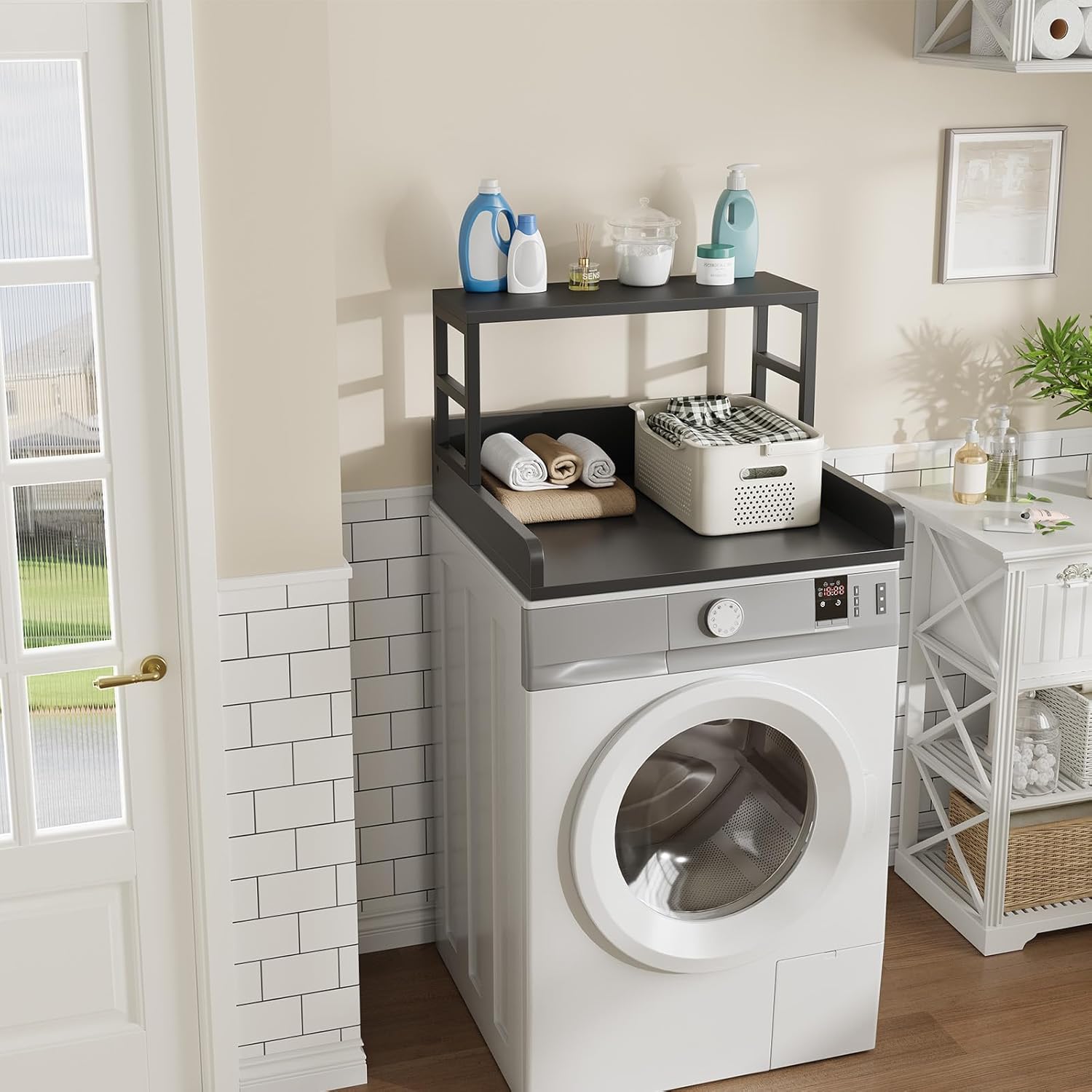 Washer Dryer Countertop with Shelf, 23.62″D x 23.62″W x 16.57″H, Countertop for Washer and Dryer Top with Non-Slip Pads and Edge Rails, Laundry Room Storage and Organization(Black)