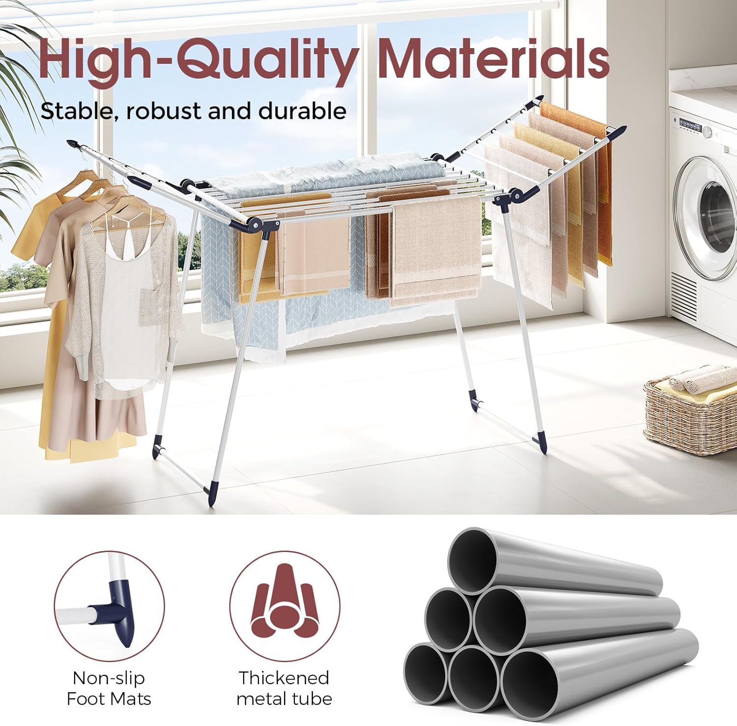 APEXCHASER Clothes Drying Rack Foldable, Large Drying Rack Clothing, Winged Laundry Rack Folding Indoor Outdoor, Metal Clothes Airer for Bedding Towel Sweater Heavy Duty, 68.9