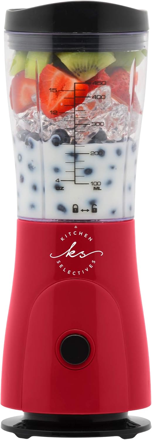 Kitchen Selectives 14-Ounce Mini Blender Color Series - Personal, Portable Blender for Fruit Smoothies & More - With Powerful Stainless Steel Blade & Drink Lid - Red