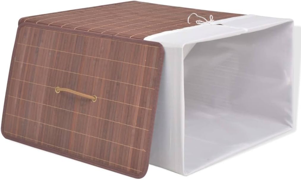 Bamboo Laundry Bin Rectangular Brown with Removable Polyester Liner, Foldable Storage Basket for Home Organization, Durable Woven Fabric Hamper