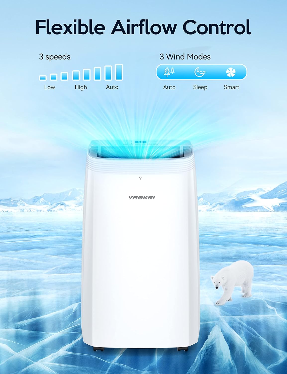 VAGKRI 12,000 BTU Portable Air Conditioner, 3-in-1 AC with Fan & Dehumidifier, Cools up to 450 Sq.Ft, Energy Efficient AC Unit with Remote Control, Sleep Modes, 24H Timer for Bedroom, Room, Office