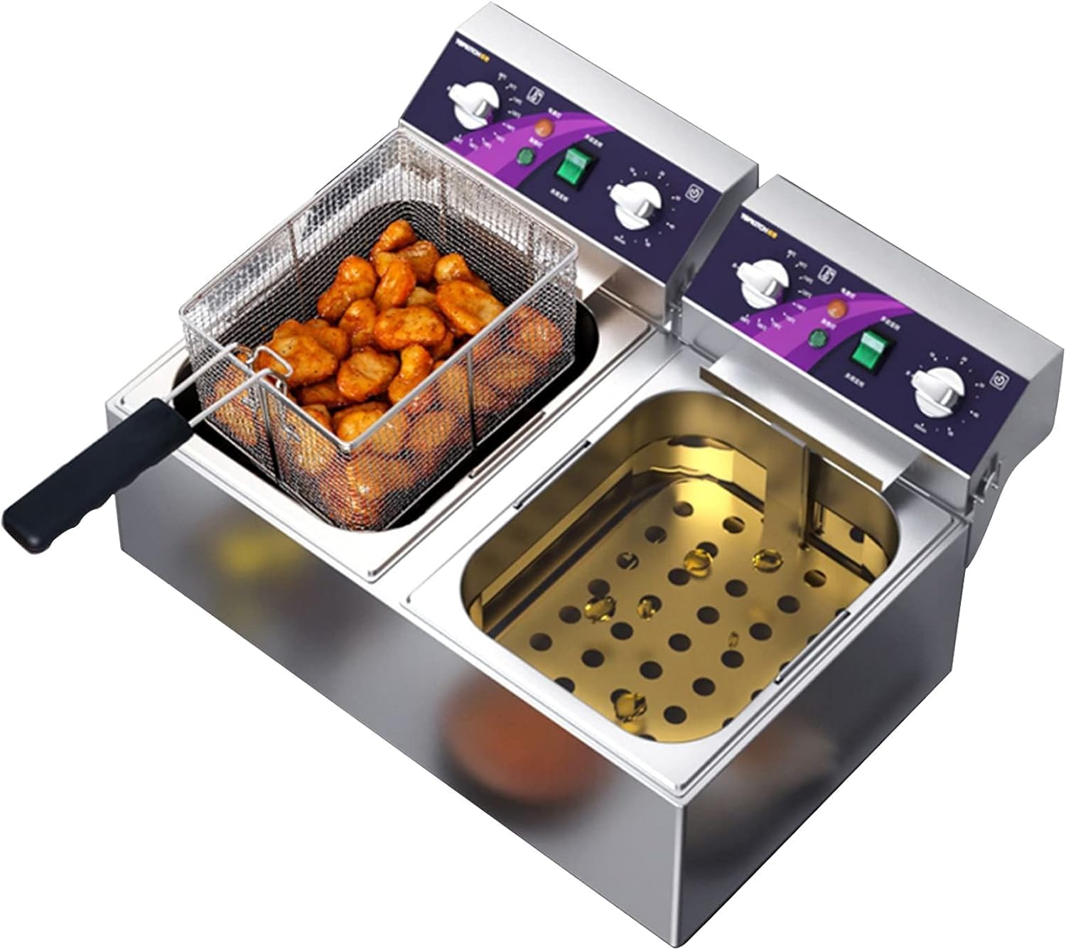 Commercial Electric Stainless Steel Double Tank Deep Fryer with Timer and Temperature Control Function, Easy to Clean