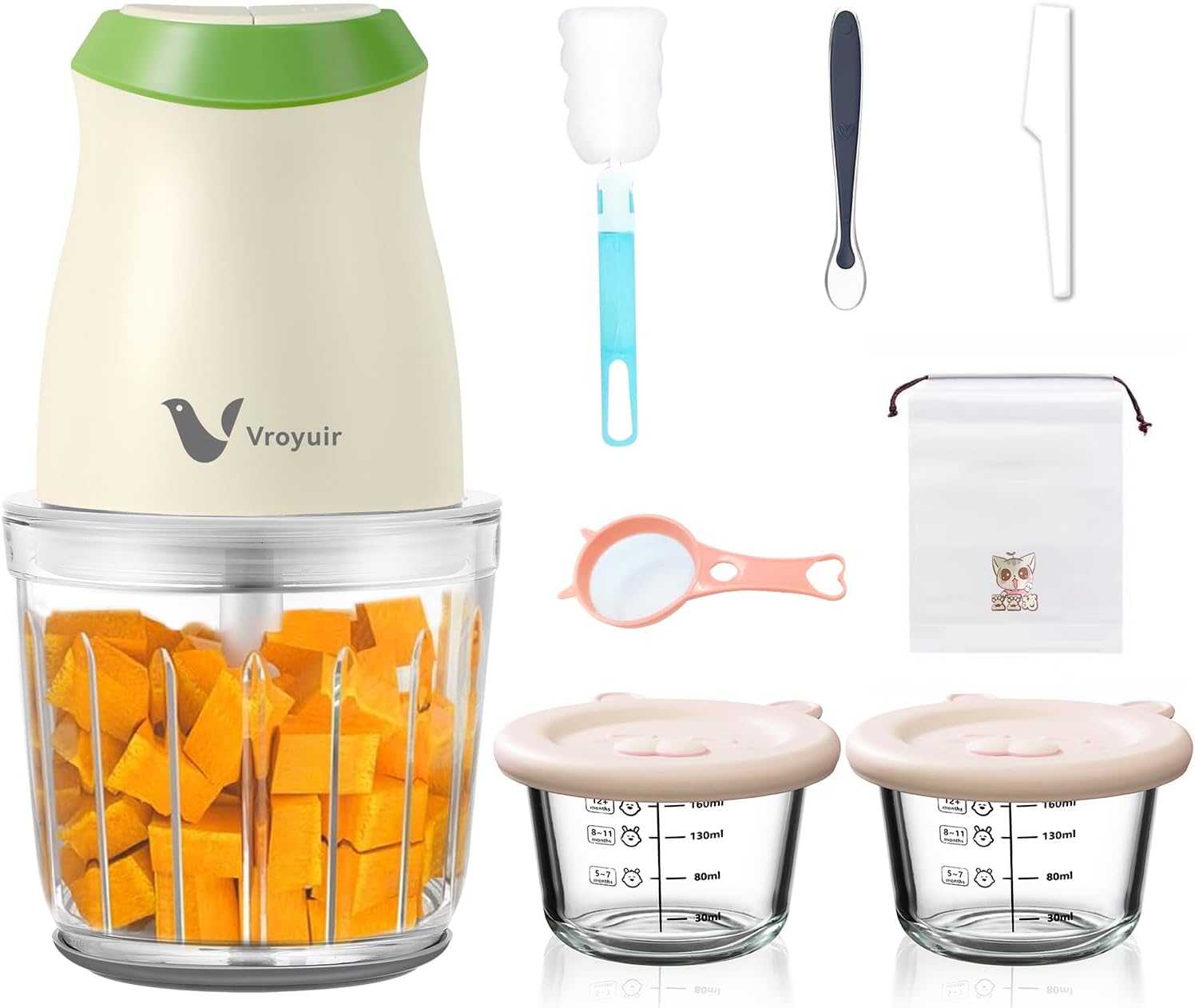 600ML Food Processor & Baby Food Maker, 2 Speeds & 8 Blades Electric Food Chopper and Meat Grinder with Two 200ML Bowls - for Chopping, Dicing, Mixing, Pureeing Vegetables, Meat, Nuts