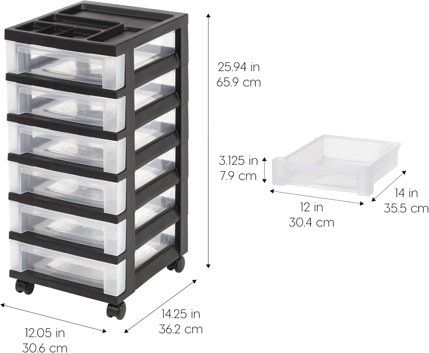 IRIS USA Plastic Drawer Storage Organizer Rolling Cart, with Wheels Casters, 6-Drawers, for Classroom Art Craft Supplies Dresser Closet Bathroom Laundry Room, Black/Clear