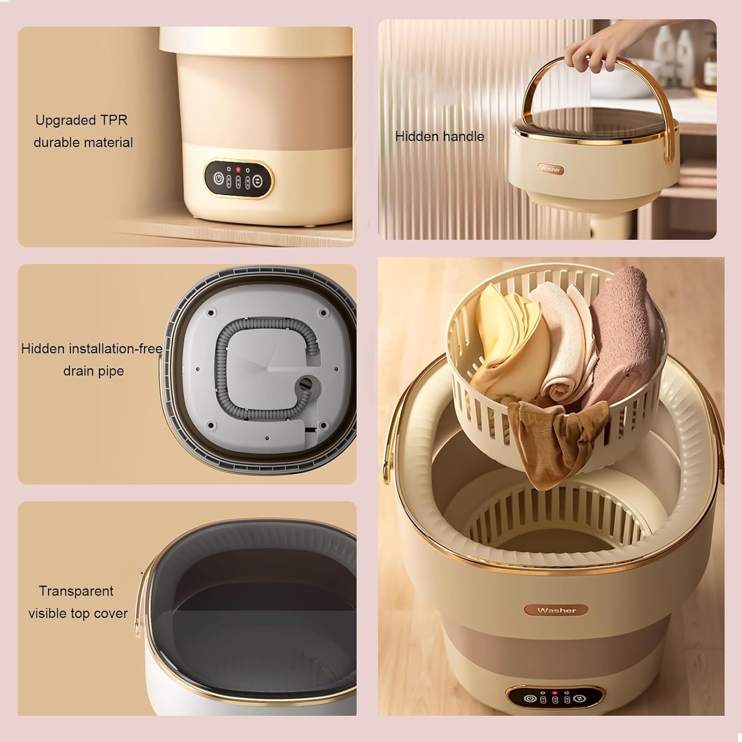 Mini Portable Washing Machine, Foldable Washer and Dryer, Upgraded Small Collapsible Washing Machine, Deep Cleaning Of Underwear,Baby Clothes,or Small Items, for Apartment,Camping,Travel(Pink)