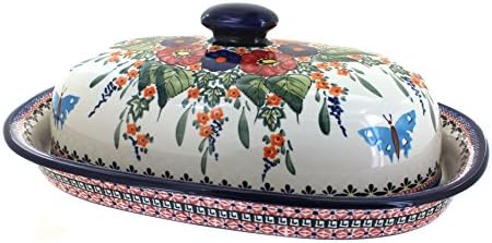 Blue Rose Polish Pottery - Red Floral Butterfly Bread Container - 15
