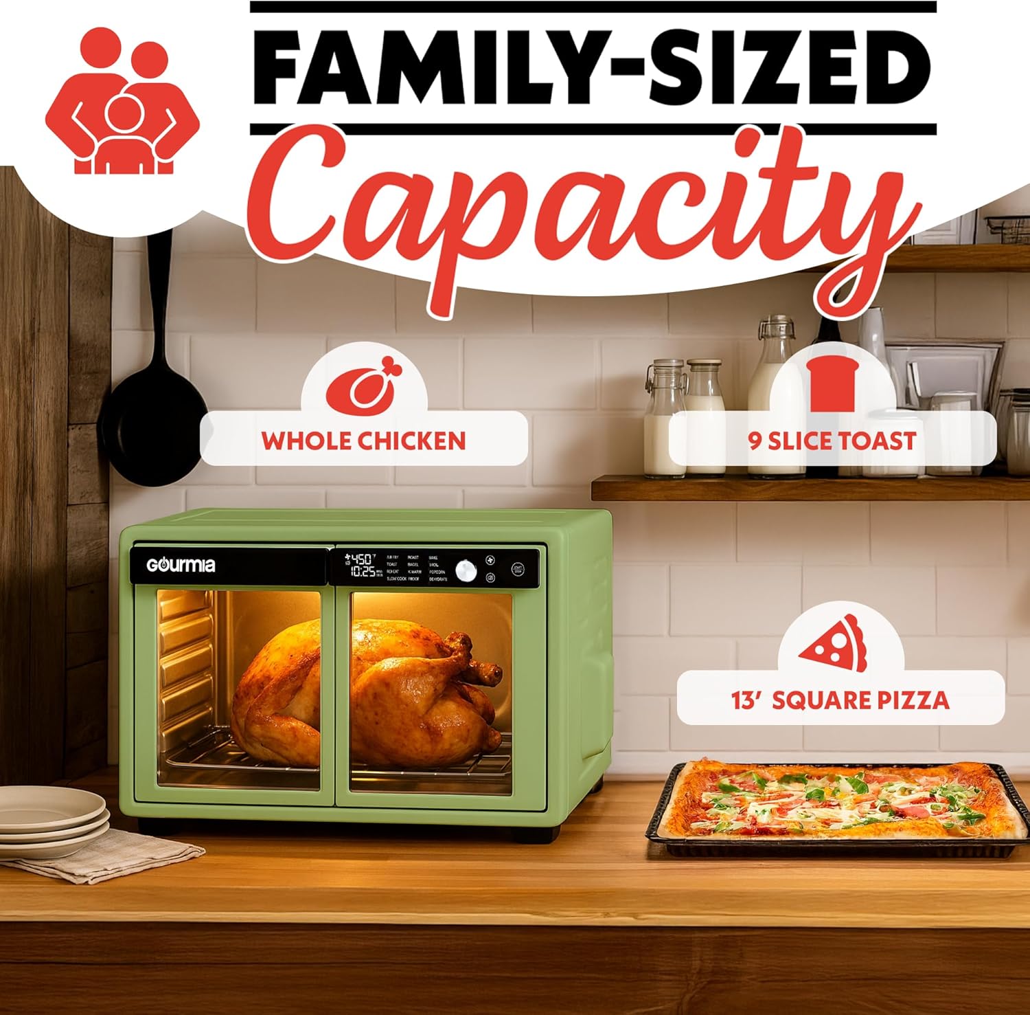 Gourmia French Door Air Fryer Oven - 37 Qt Large Capacity Convection Toaster Oven, FryForce 360°, Digital Display, 12 Cooking Presets, Dehydrate, Fits 13” Pizza, Dishwasher-Safe, Green