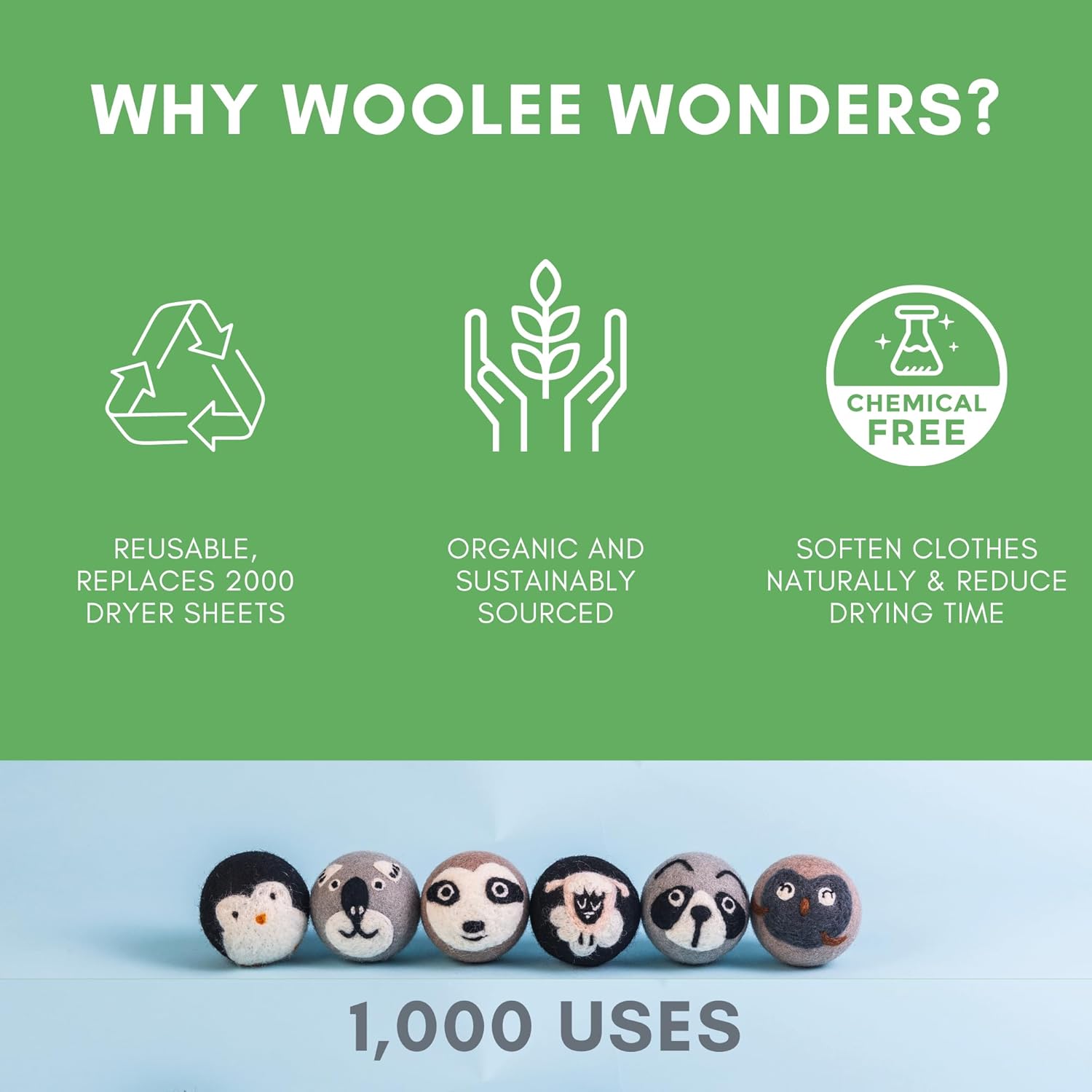 6-Pack XL Organic Wool Dryer Balls - 100% New Zealand Wool, Reuse for 1000 Loads, Fair Trade, Handmade in Nepal, Dryer Balls Laundry Reusable, Critters Dryer Ball Set, Mesh Laundry Bag