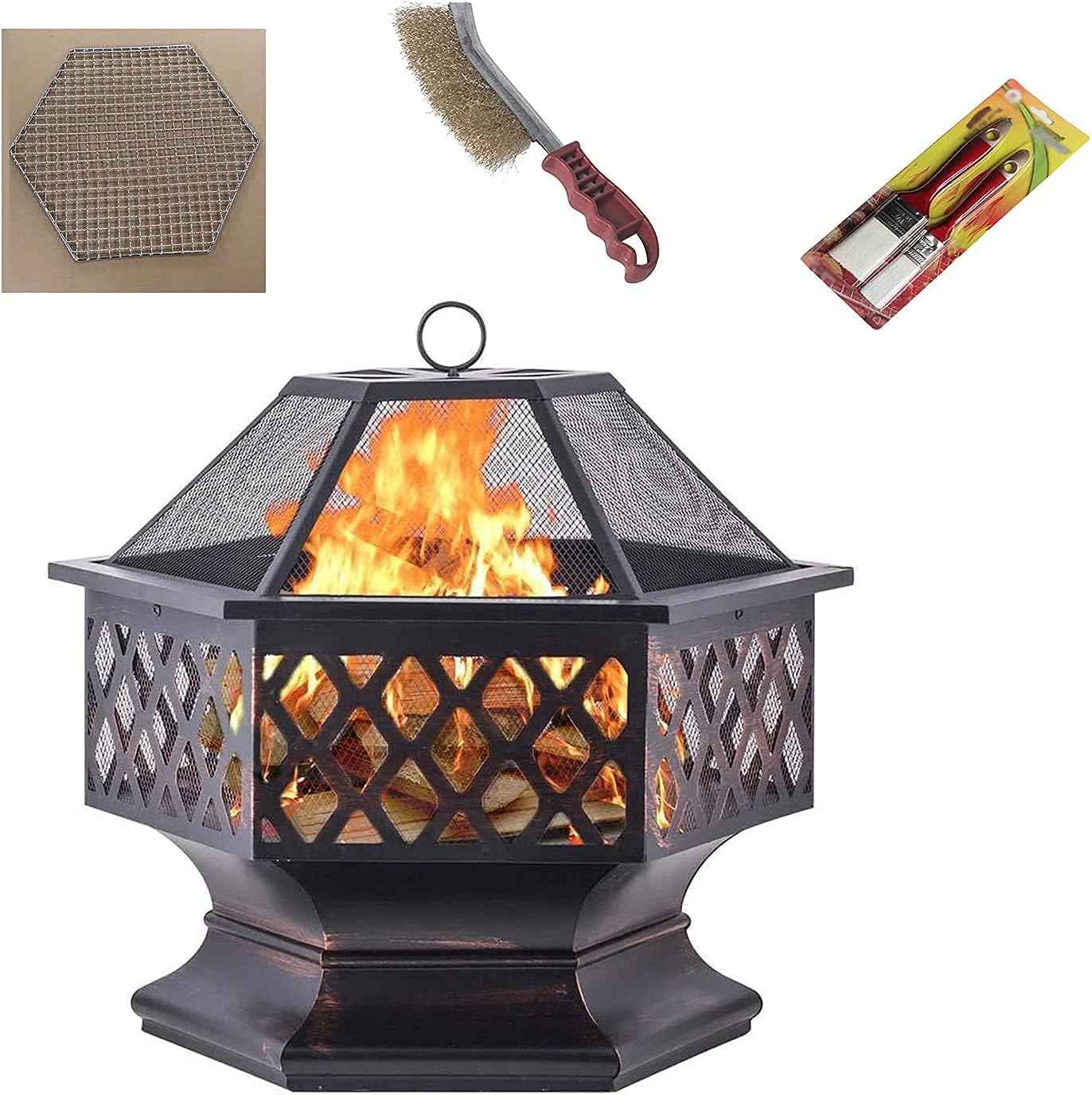 Wood Burning Fire Pit BBQ Grill Firepit Bowl Outdoor Fire Pit with Grill Grate for Camping/Outdoor Heating/Bonfire and Picnic Contain Food Tongs/Coal Clip/Brush/Barbecue Net/Cleaning Brush