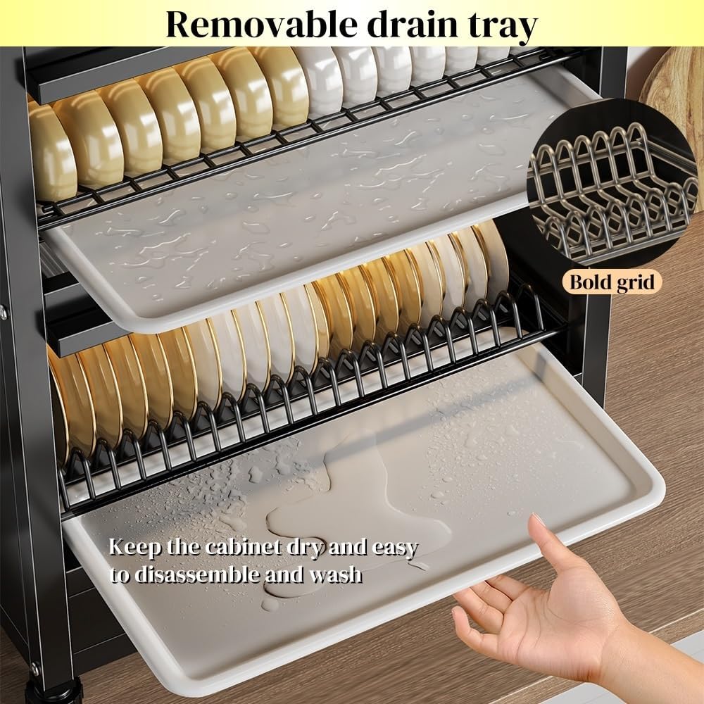 Kitchen Countertop Dish Cabinet with Drawers, Countertop Pantry with Drain Trays and Doors, Multifunctional Microwave Oven Rack, Space-Saving Dish Organizer for Dining room(White,17.7''x11.4''x28'')