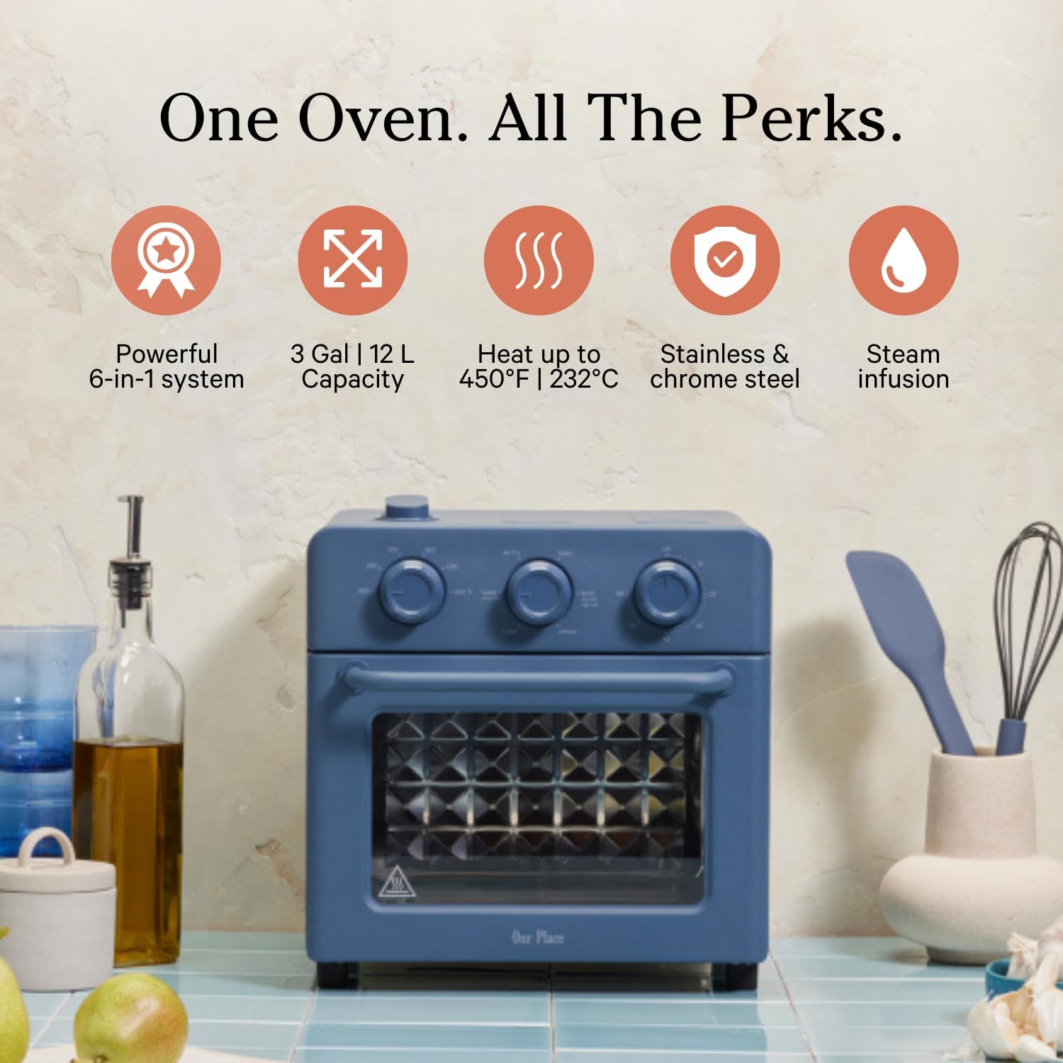 Our Place Wonder Oven | 6-in-1 Stainless Steel Air Fryer Toaster Oven Combo with Basket, Rack, Pan & Tray | Compact 13 QT Countertop Capacity - Toast, Roast, Bake, Reheat, Broil & Steam | Blue Salt