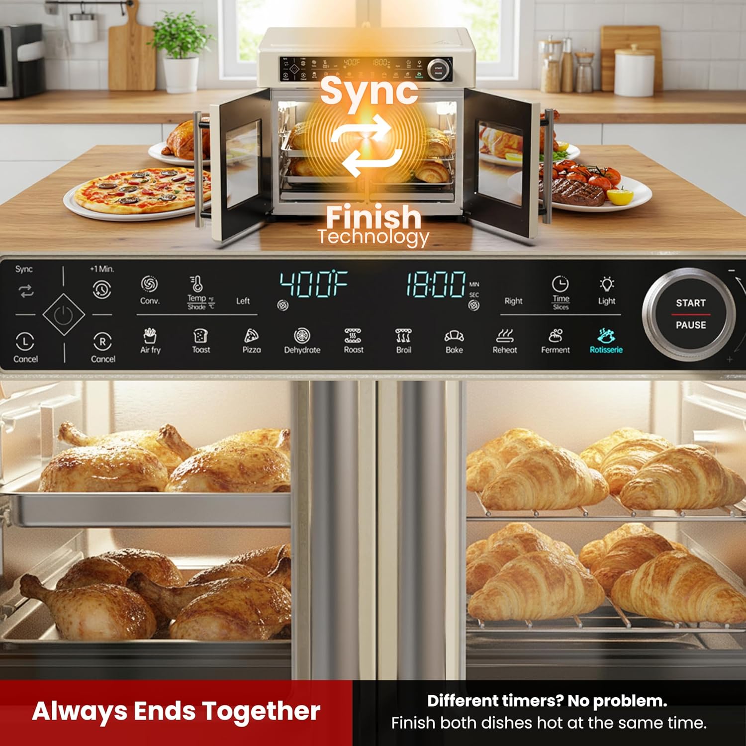 Magic Mill Ultra-Premium Dual-Zone Stainless Steel Air Fryer Toaster Oven Combo, Extra Large 32QT French Door Convection Oven with Next-Gen Patent Technology, 13 Accessories, Rotisserie, Sync Finish