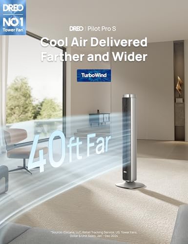 Dreo Tower Fan for Bedroom, Standing Oscillating Fan with 40ft Far Airflow, 25dB Quiet, 12 Speeds, 28ft/s Velocity, Smart Control, DC Motor, 42 inch, 90° Oscillation, 4 Modes, 12H Timer, Pilot Pro S