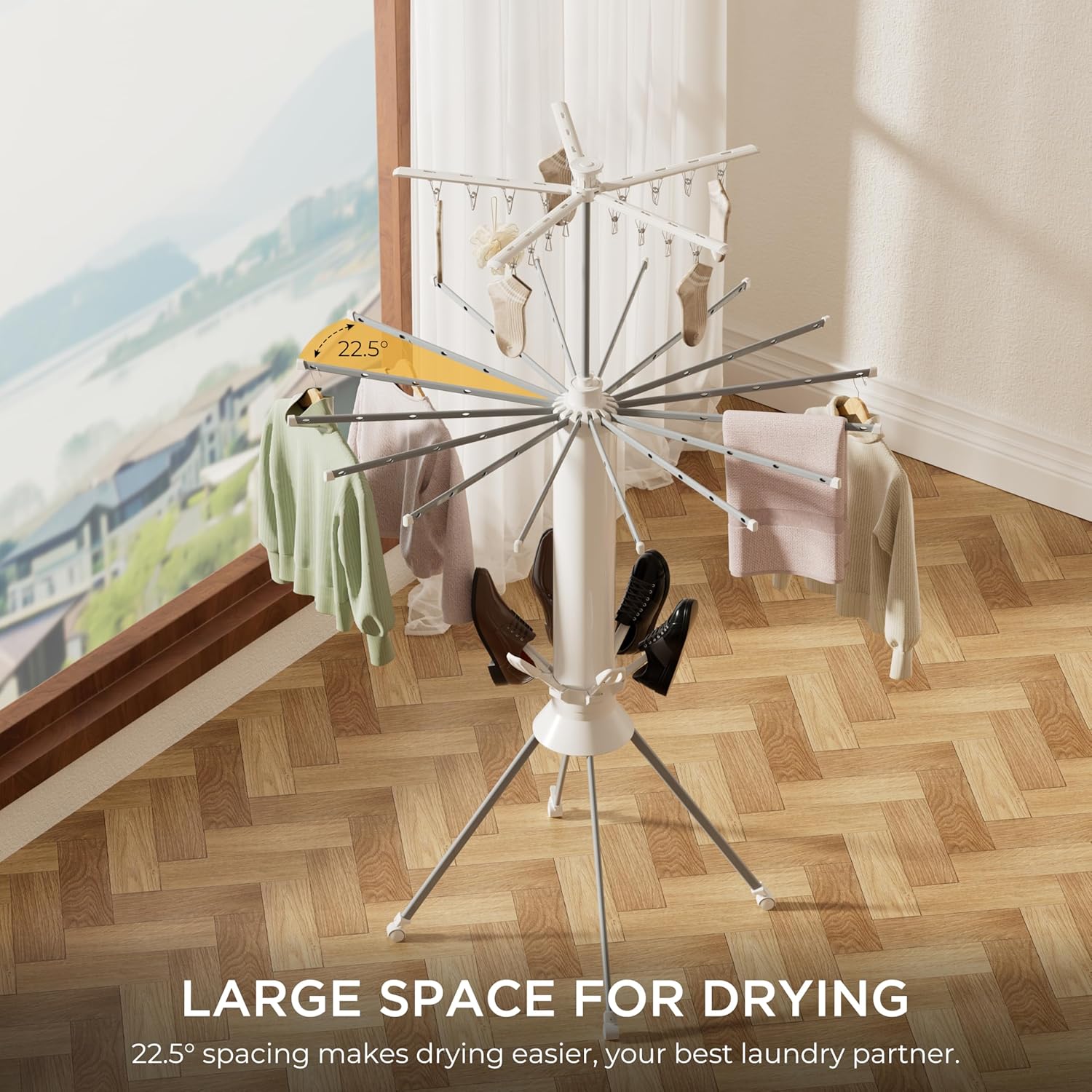 Clothes Drying Rack Foldable, 4-Legged Drying Rack Clothing with 20 Clips, Shoe Dryer Rack, Laundry Drying Racks with 4 Pulleys & Anti-Slip Holes, Portable Hanging Dry Rack for Clothes, Socks, Shoes