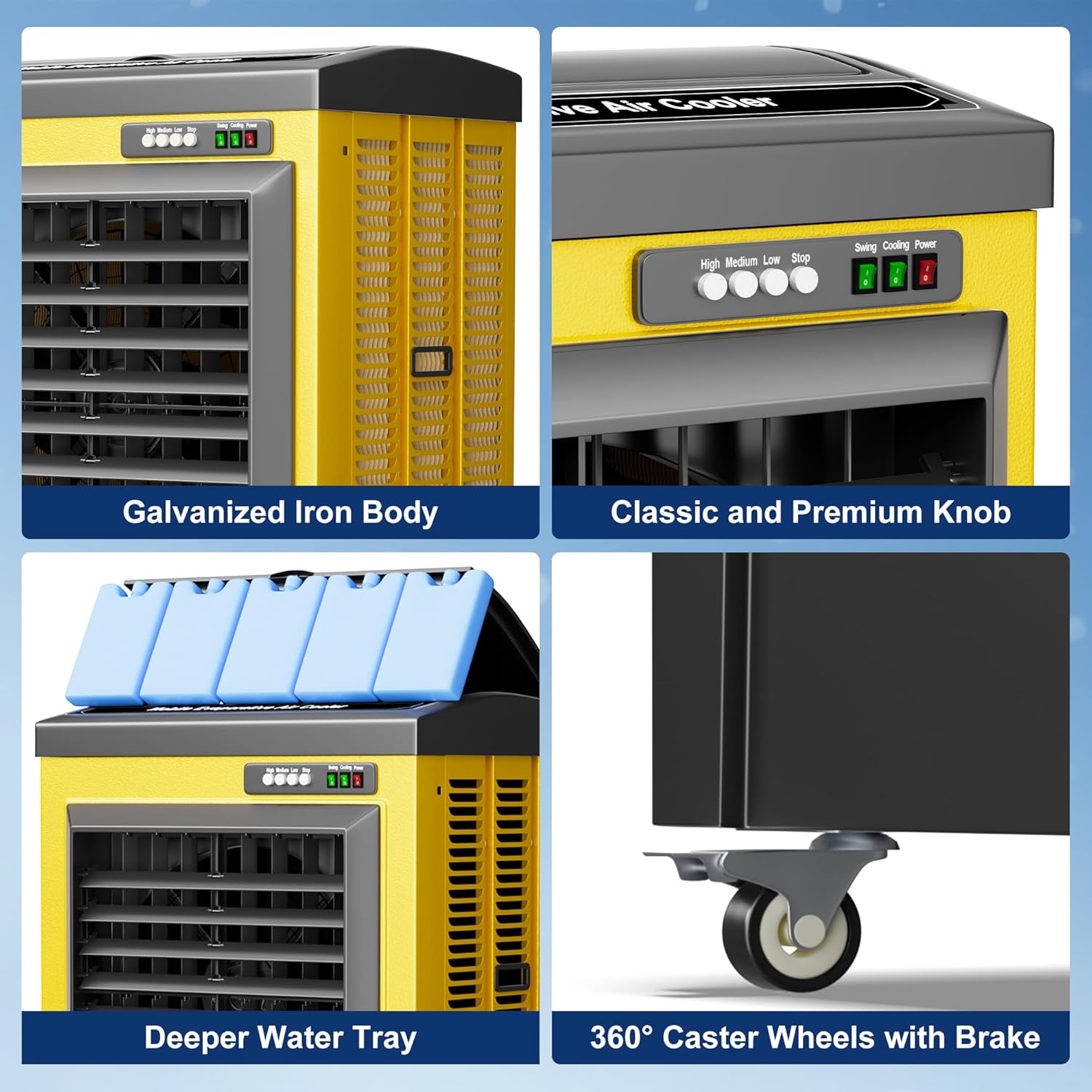 Swamp Cooler, 6550CFM Evaporative Air Coolers with 19.5 Gal Tank, Windowless Air Conditioner 3 Speeds for Outdoor Use, 49 Inch Air Cooler Water Fan for Patio, Garage, Shop, Commercial Yellow
