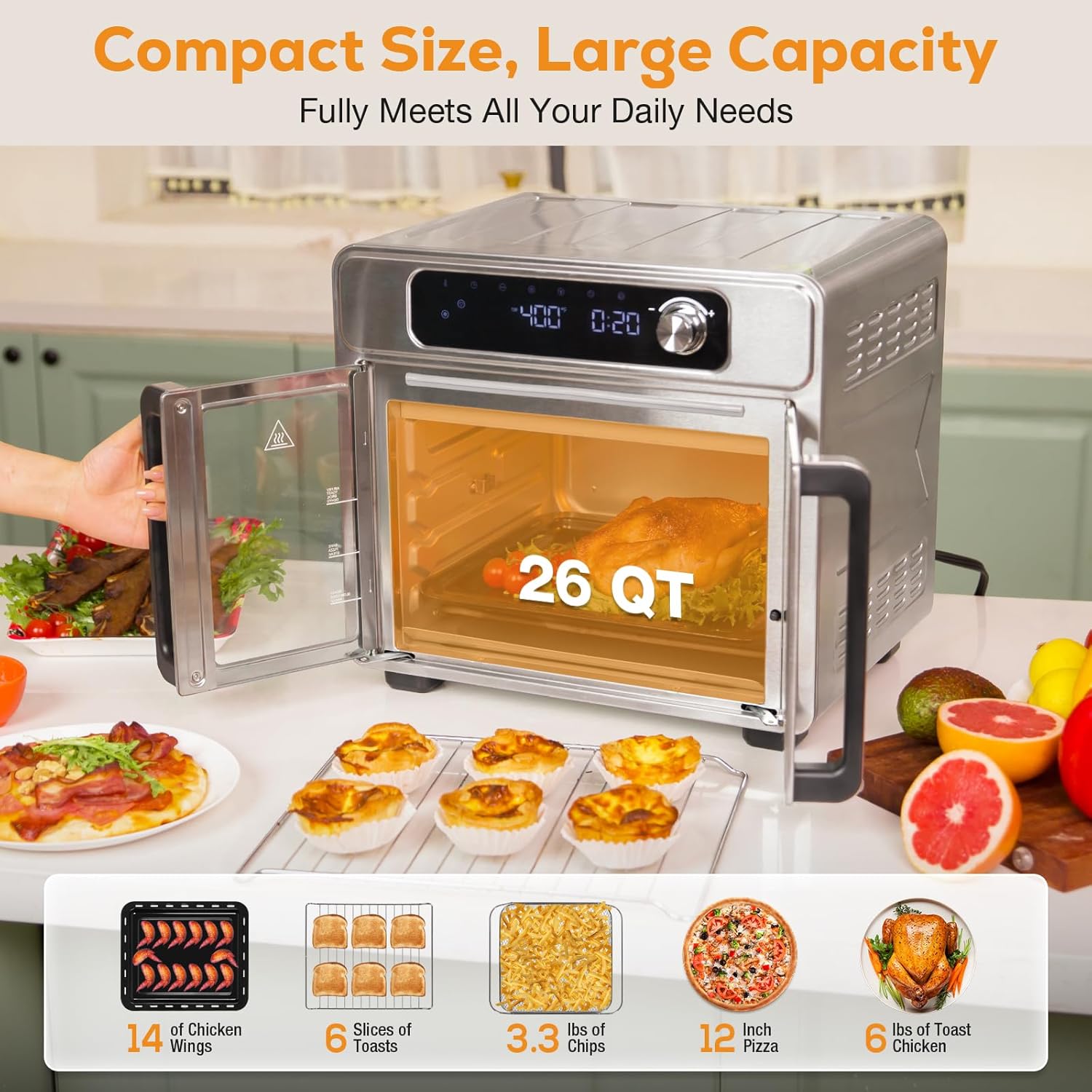 Romswi 26QT French Door Air Fryer Toaster Oven Combo, 24 Cooking Functions and Digital Controls, Fits 12