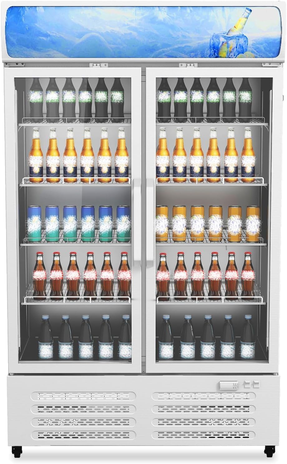 25 Cu.Ft. Commercial Beverage Display Refrigerator, Merchandiser Refrigerator Double Glass Door Display Fridge With 8 Adjustable Shelves, Upright Beverage Cooler with LED Lighting, White