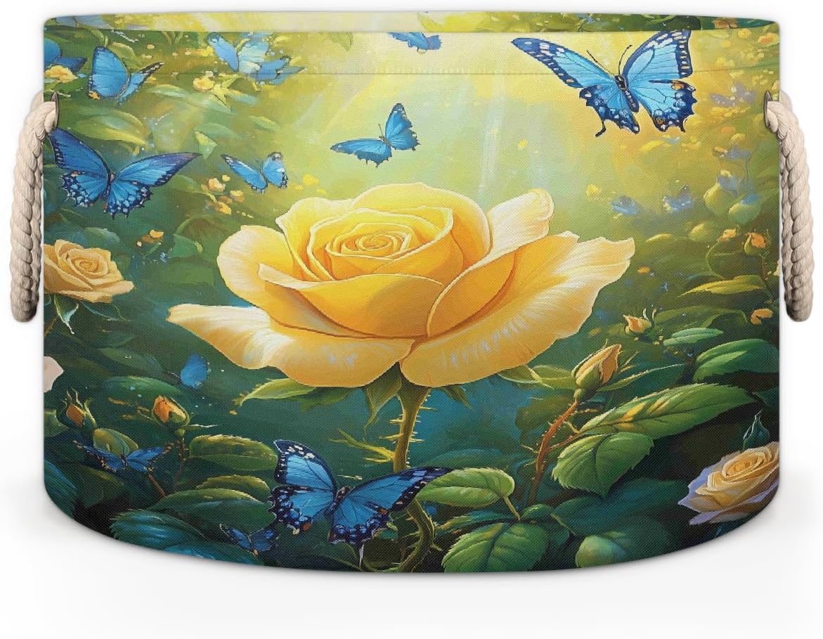 Forest Yellow Rose Butterfly Round Storage Basket Laundry Hamper Collapsible Laundry Basket with Handles Large Canvas Storage Bin for Clothes Toys Nursery Bedroom Closet Organizer