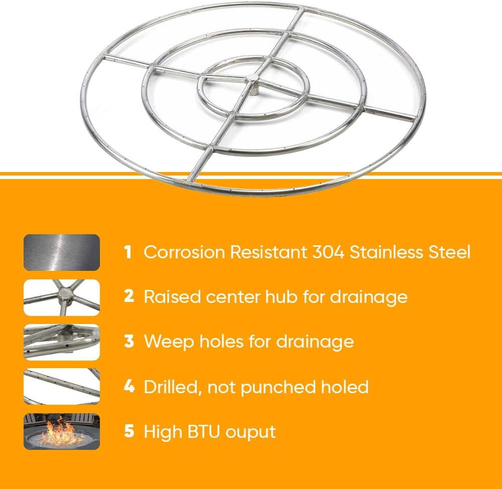 HPC Match Lit Fire Pit Burner Kit (FPS48HCKIT-PAN-NG-MSCB), Round, 48-Inch Burner, 54-Inch Flat Pan, Natural Gas, Polished Chrome, with Flange, Key, Valve, Flex Line and Fittings