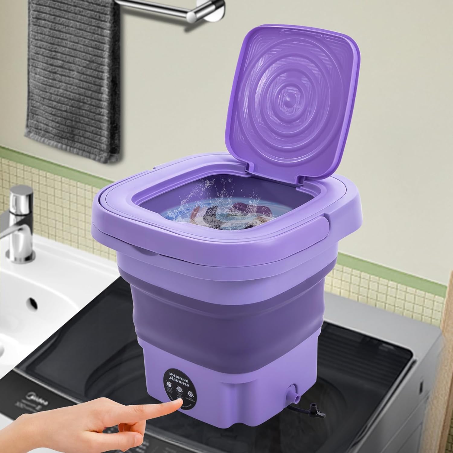 Portable Washing Machine with Drainage Basket, 3 Cleaning Modes, 8L Foldable Mini Washer for Small Clothes, Compact Cloth Laundry Washer for Home/Dorm/RV/Camping Travel (Purple, US Plug)