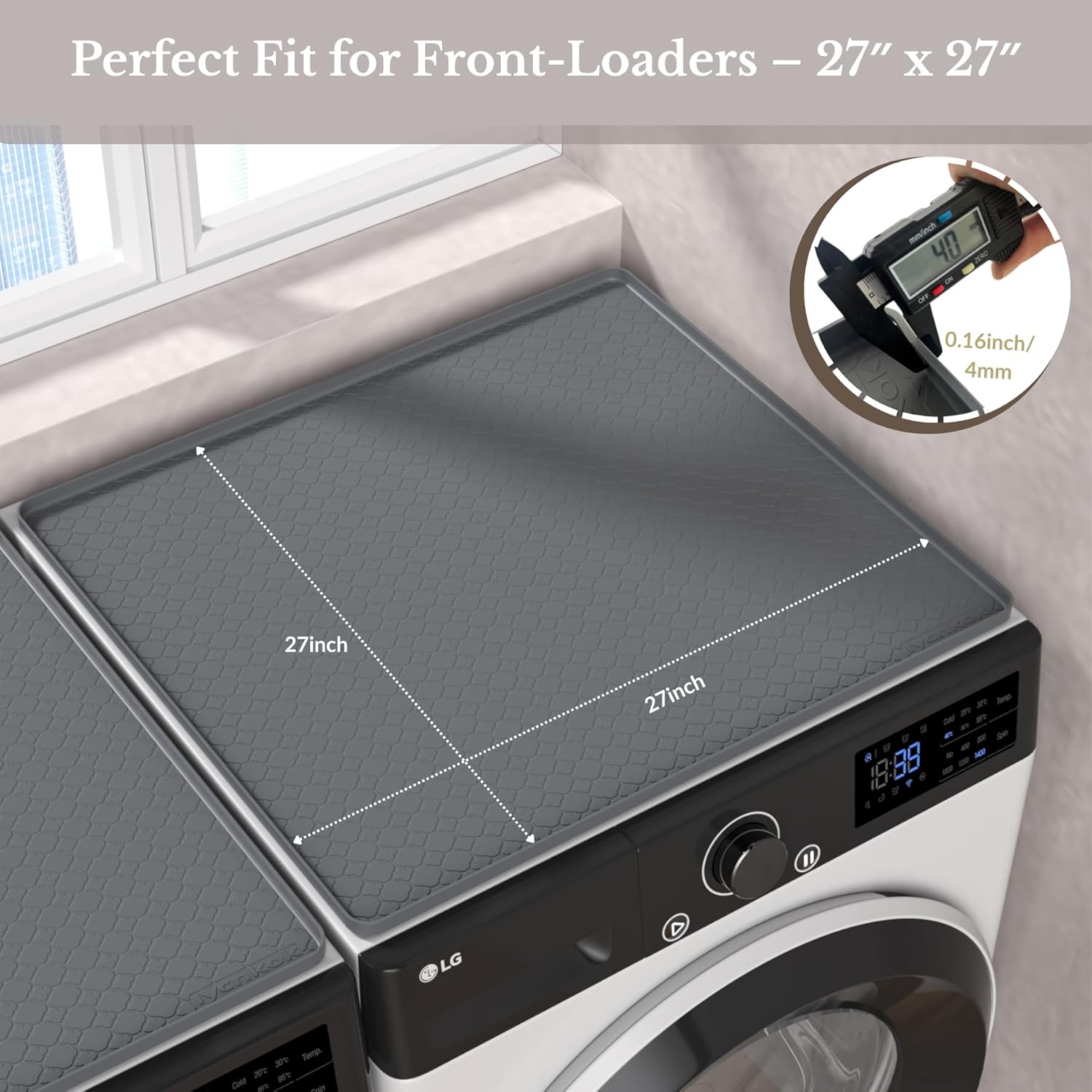 Washer and Dryer Covers for the Top - 27''x 27'' Silicone Protector Mat for Washing Machine Countertop - Non-slip Rubber Waterproof Dustproof Ideal for Laundry Kitchen - Gray 2 Pack