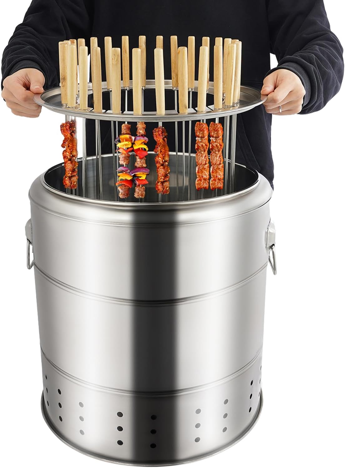 Portable Barbecue Charcoal Barrel Grill, Stainless Steel Surround Charcoal Grill with 20 Skewers, Sturdy and Durable, Easy to Use, for Camping, Picnics, Parties, Beaches