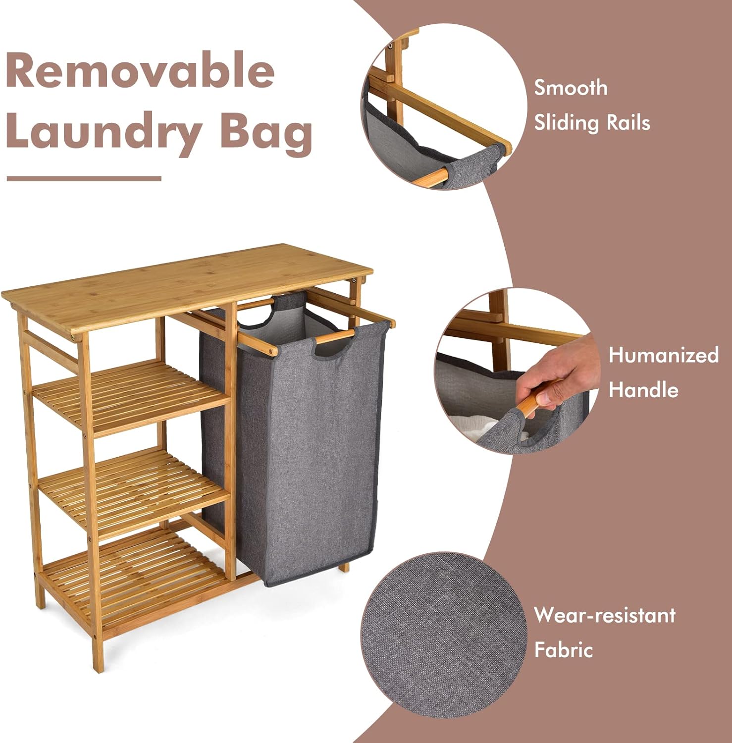 Giantex Bamboo Laundry Hamper Stand, Freestanding Laundry Organizer w/Removable Sliding Bag & 3-Tier Open Shelves, Multipurpose Utility Storage Cabinet for Bathroom, Living Room, Bedroom, Natural