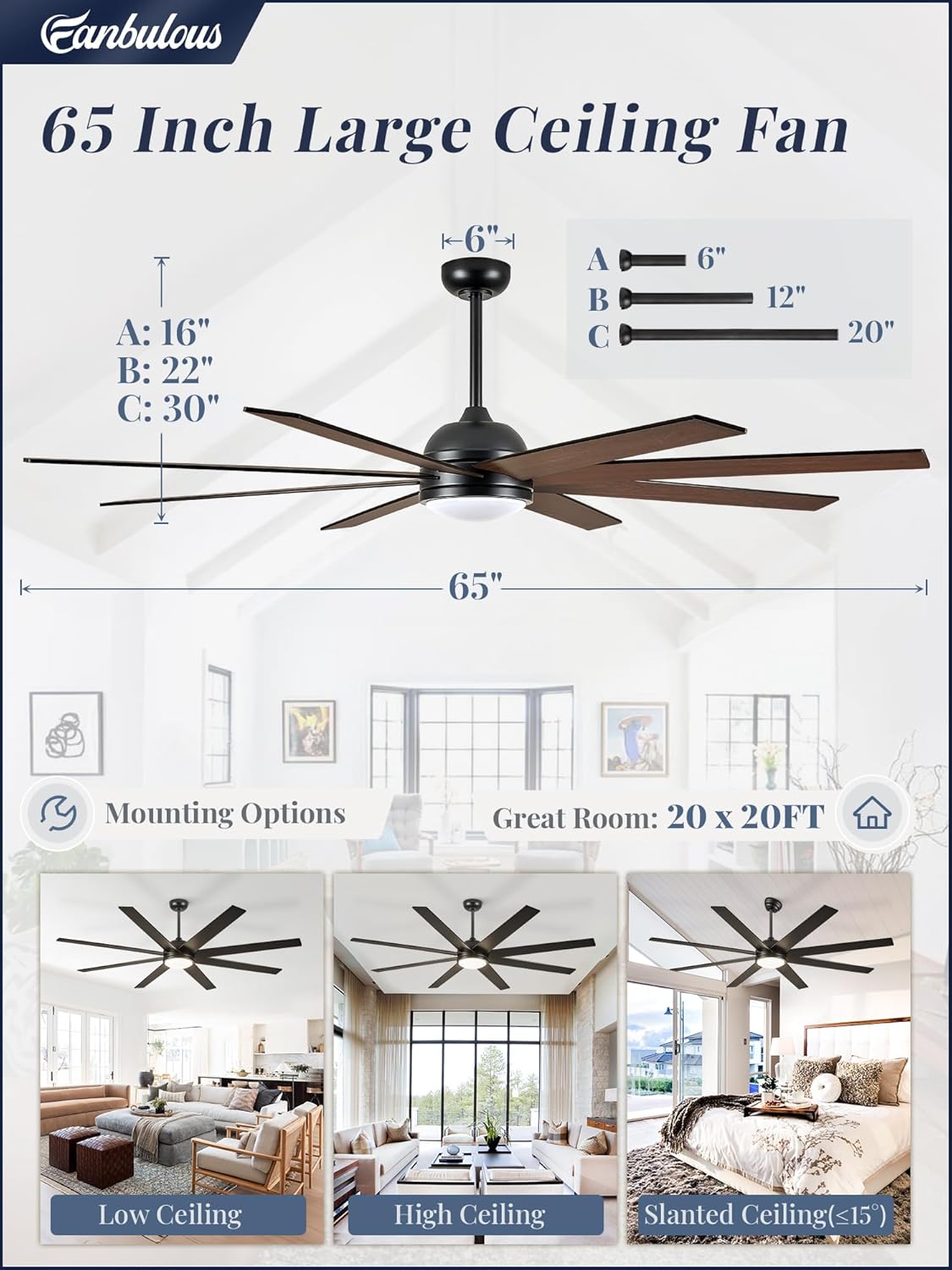 Fanbulous 65 Inch Ceiling Fans with Lights and Remote, Black Indoor/Outdoor Ceiling Fan with Quiet Reversible DC Motor, 6 Speeds, 3CCT, 8 Blades Large Ceiling Fan for Living Room Bedroom Patio