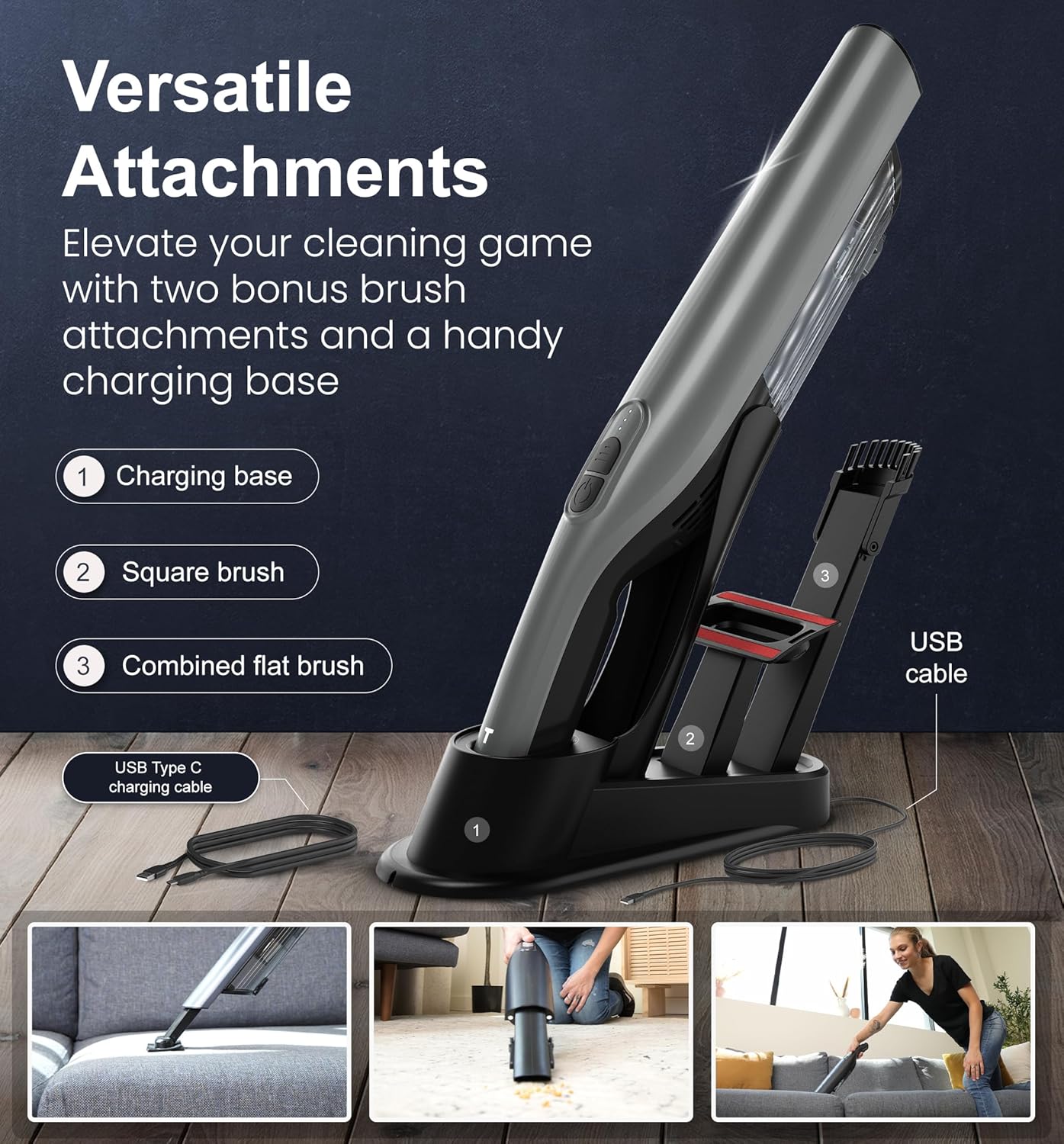 Tranqwil Cordless Handheld Vacuum, Lightweight Portable Vacuum 1.4lbs, Powerful Suction 2 Stage-Motor, Charge Dock, One-Touch Empty for Home & Car, Guiding Lights with Versatile Attachments (Silver)