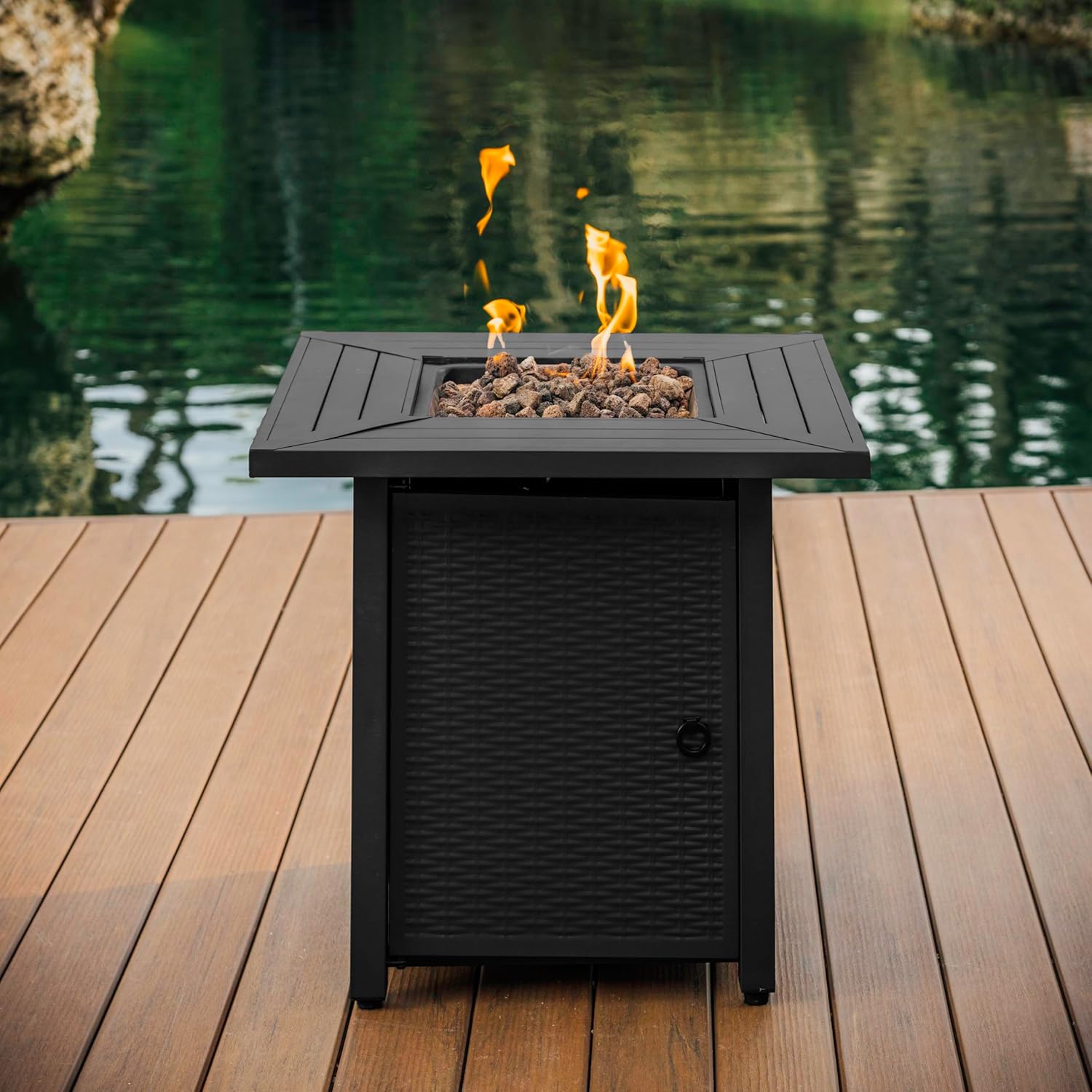 Nestl 28 Inch Fire Pit for Outdoor - 40,000 BTU Outdoor Propane Fire Pit Table with Lid, Rain Cover & Lava Rocks - Patio Fire Pit Table for Backyard Gatherings - Black
