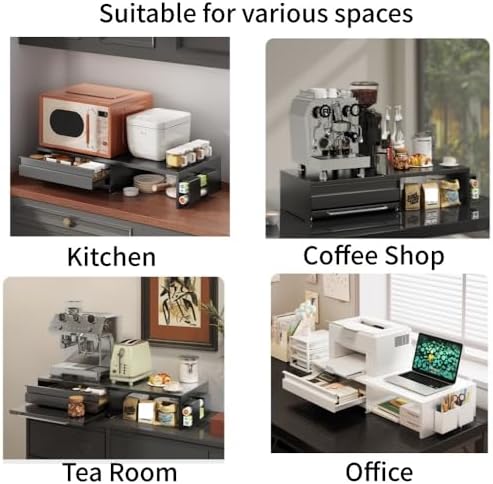 Expandable Microwave Stand with Drawer, 2-Tier Kitchen Countertop Organizer for Microwave Oven, Coffee Station, Pantry Storage(Black)