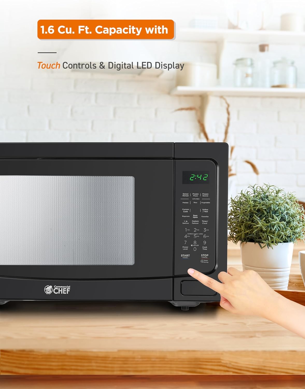 COMMERCIAL CHEF 1.6 Cubic Foot Microwave with 10 Power Levels, Small Microwave with Push Button Child Safety Lock, 1100 Watt Microwave with Digital Control Panels, Countertop Microwave & Timer, Black