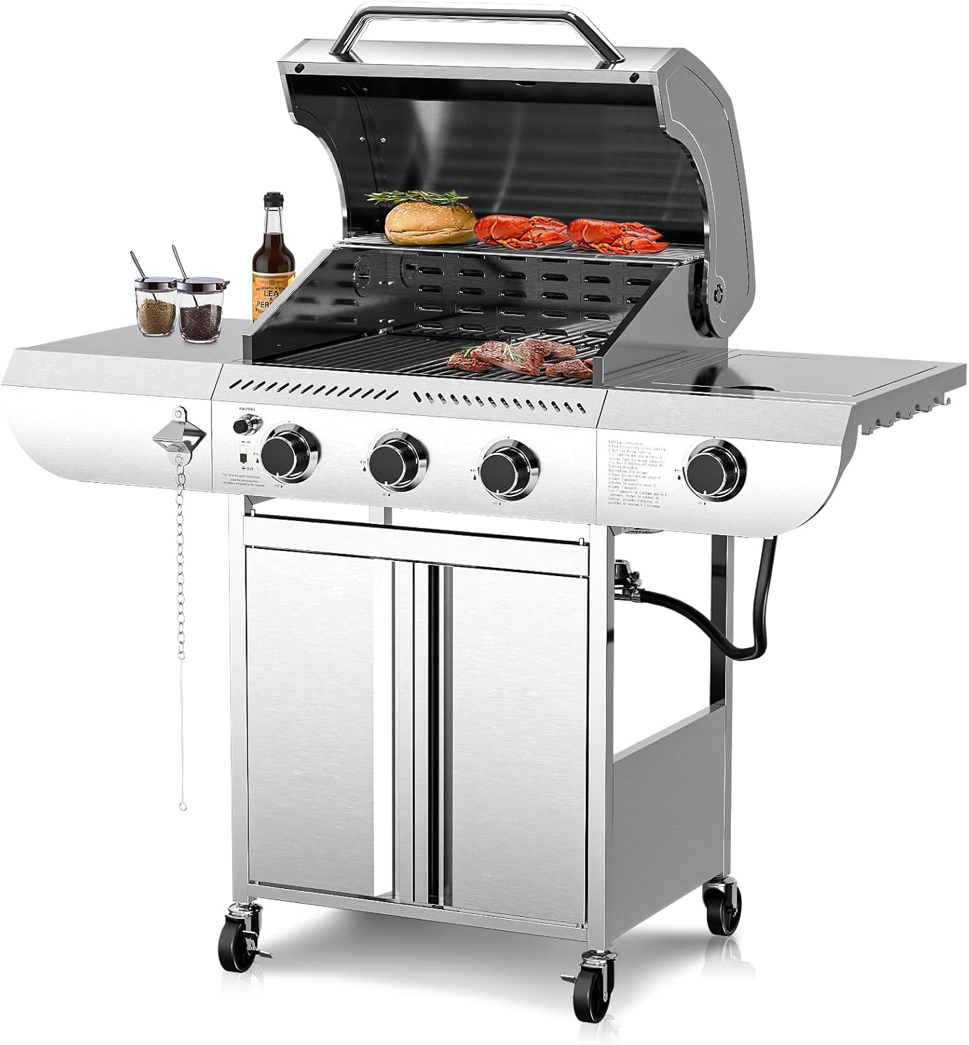 WAA 3-Burner Propane Gas Grill with Side Burner, 34000 BTU Stainless Steel BBQ Porcelain Enameled Cast Iron Grates, Baking Pan, Removable Grease Pan & Cup for Outdoor Cooking Backyard