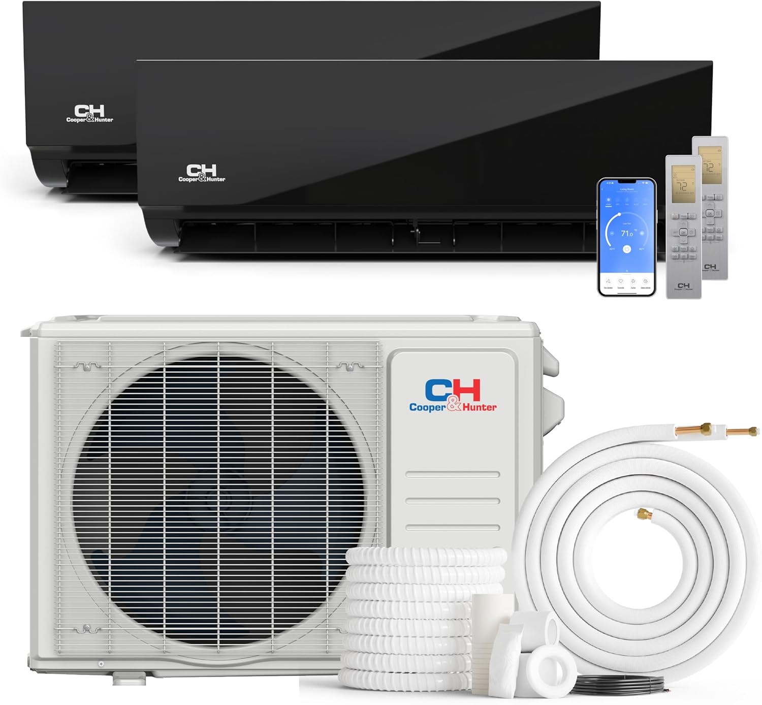 Cooper & Hunter 18,000 BTU 230V Dual 2-Zone 9K + 9K Black Wall Mount Ductless Mini Split Air Conditioner & Heat Pump – 25.1 SEER2 – 25FT Installation Kits – Pre-Charged Inverter System