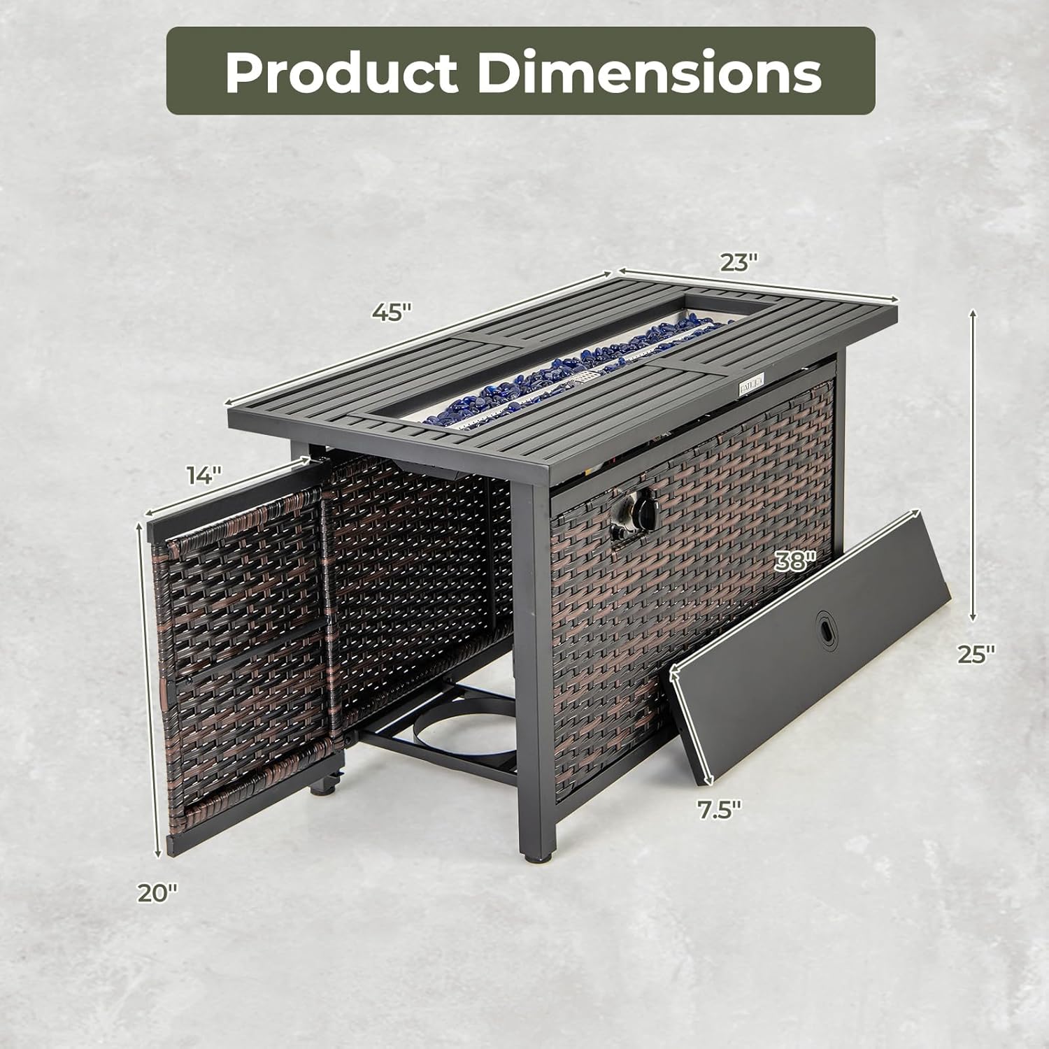 RELAX4LIFE 45’’ Propane Fire Pit Table - 50000 BTU Rattan Outdoor Fire Pit w/Metal Top, Glass Stones, Lid & Protective Cover, Rectangular Gas Fire Pits for Outside Patio Backyard Garden Deck Parties