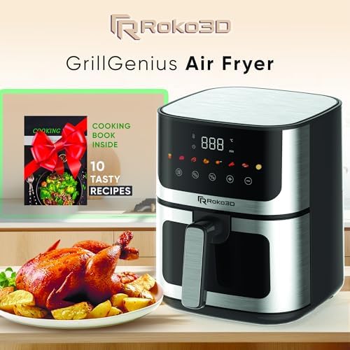 Air Fryer Stainless Steel ROKO 3D with Visible Window - 5Qt Capacity for 3-5 Persons | 18 in 1 - Fry, Bake, Toast, Broil, Reheat without Oil - 1400W, Dishwasher Safe, Luxury Black and Silver
