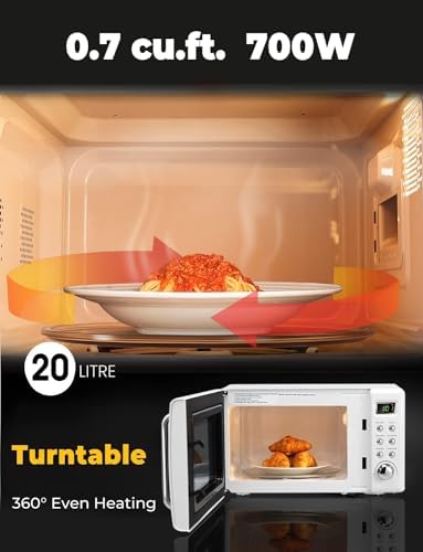 Countertop Retro Microwave Oven, 0.7 Cu Ft Small Microwave with Defrost, 5 Micro Power, 8 Auto-Cooking Set & Child Lock, Compact Microwave w/10 Inch Turntable, 60-min Timer, LED Display, 700W