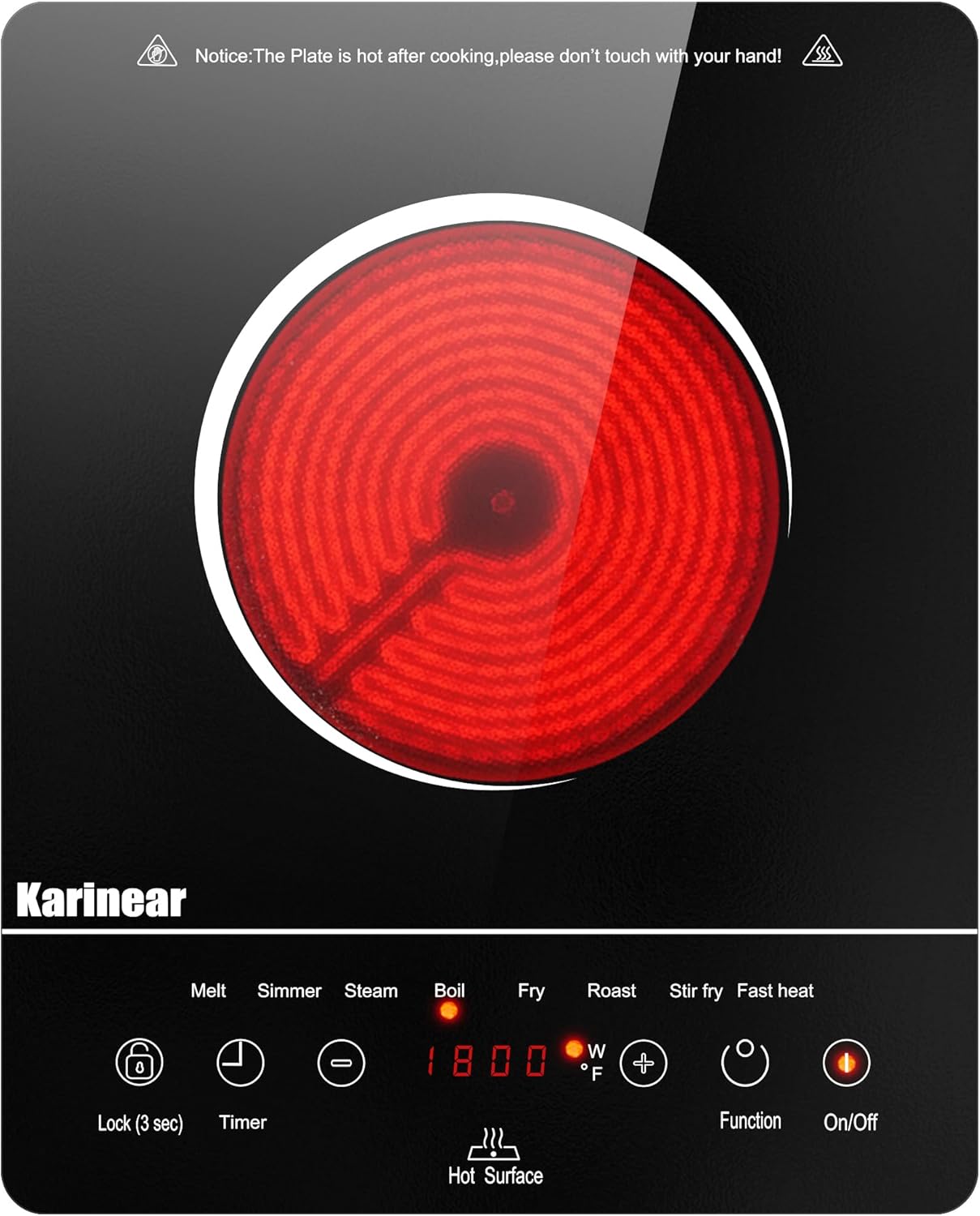 Karinear Portable Electric Cooktop, Electric Stove Single Burner Ceramic Cooktop with Touch Control, Child Safety Lock, Timer, Residual Heat Indicator, Overheat Protection, 1800W 110V Infrared Burner