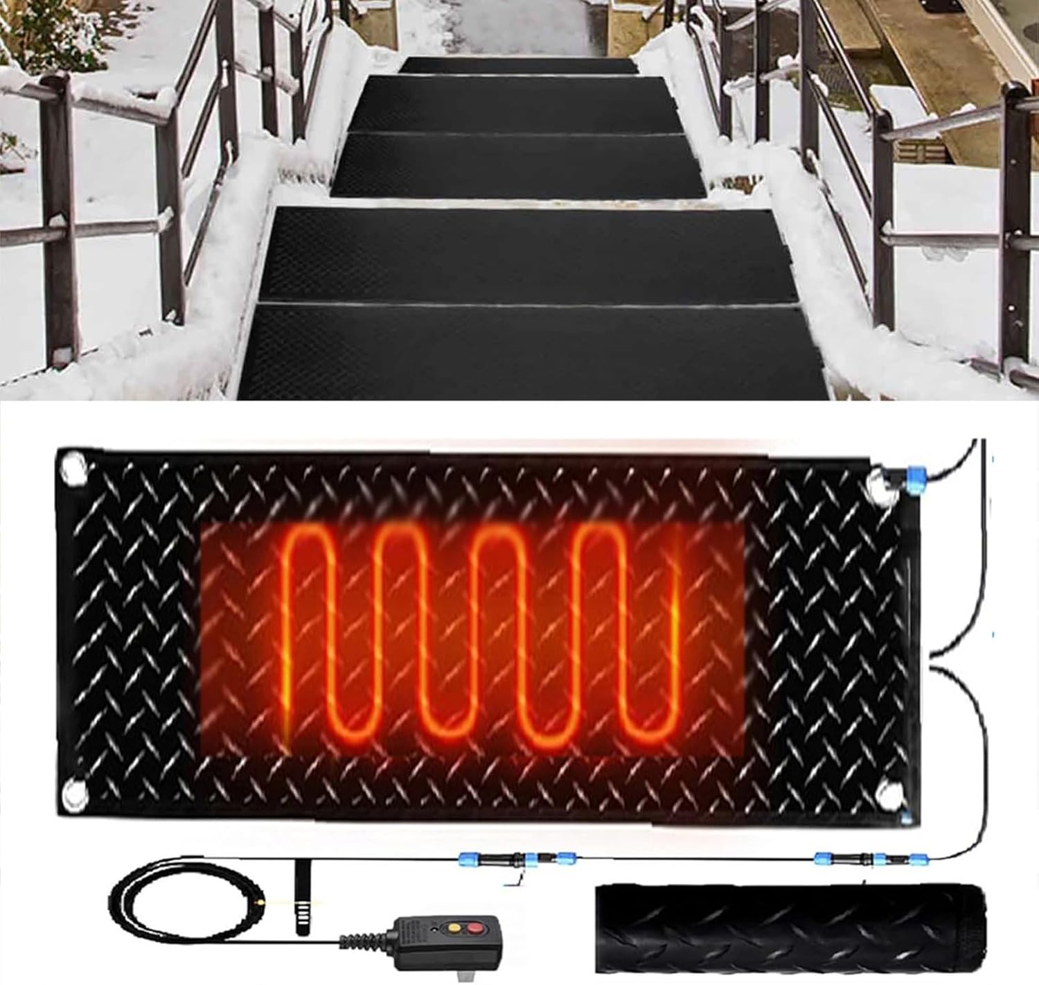 Heated Snow Melting Mats for Stairs,Heated Snow Melting Mats Outdoor with Timer,for Driveway Walkway Decks and Sidewalks Connection Power Cord for Winter Stairs(1 Pcs,10x48in/(25.4x121.9 cm))