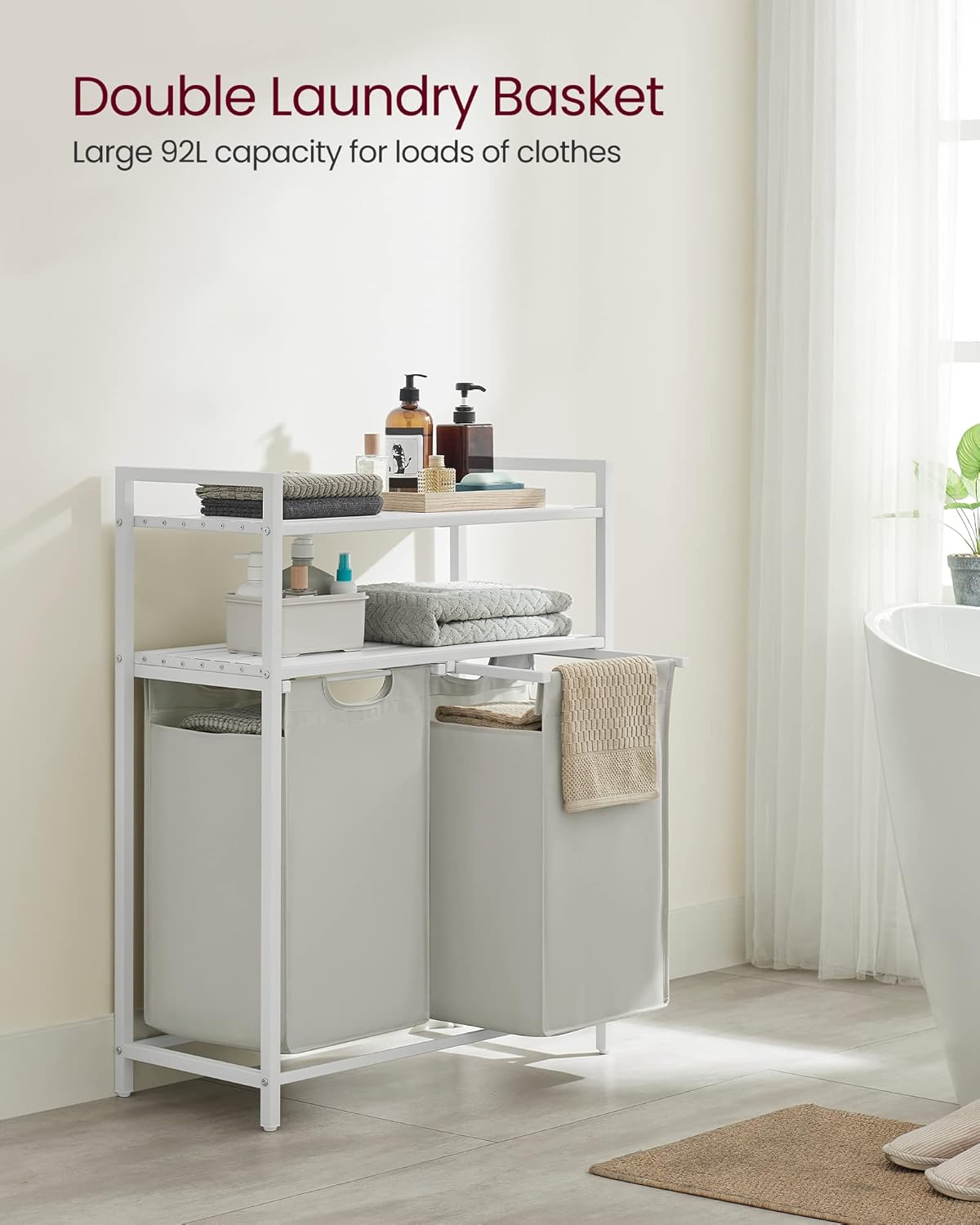 VASAGLE Laundry Hamper, Laundry Basket, Laundry Sorter with 2 Pull-Out and Removable Bags, 2 Shelves, 12.1 Gal (46L) Capacity per Bag, for Laundry Room, White UBLH211W01